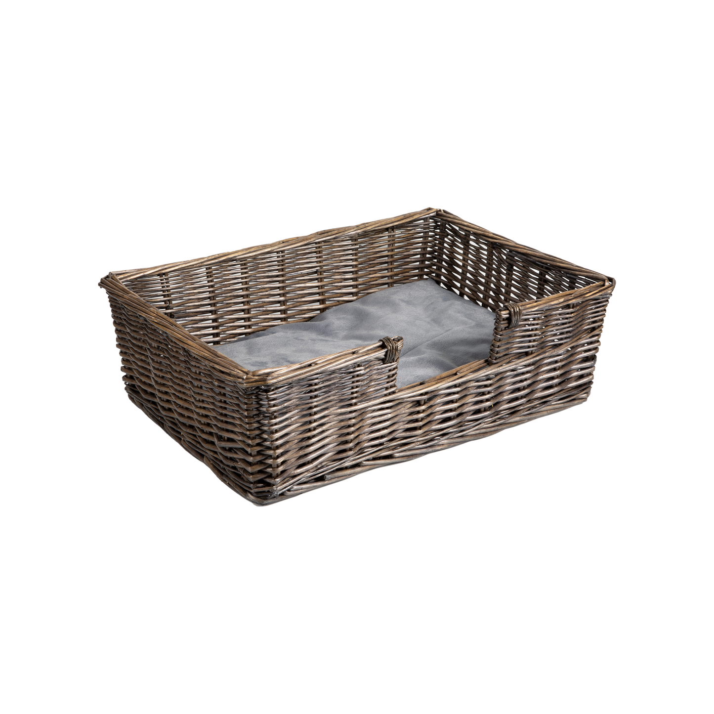Antique Wash Rectangular Low Entry Wicker Dog Bed with Cushion - 2 Sizes