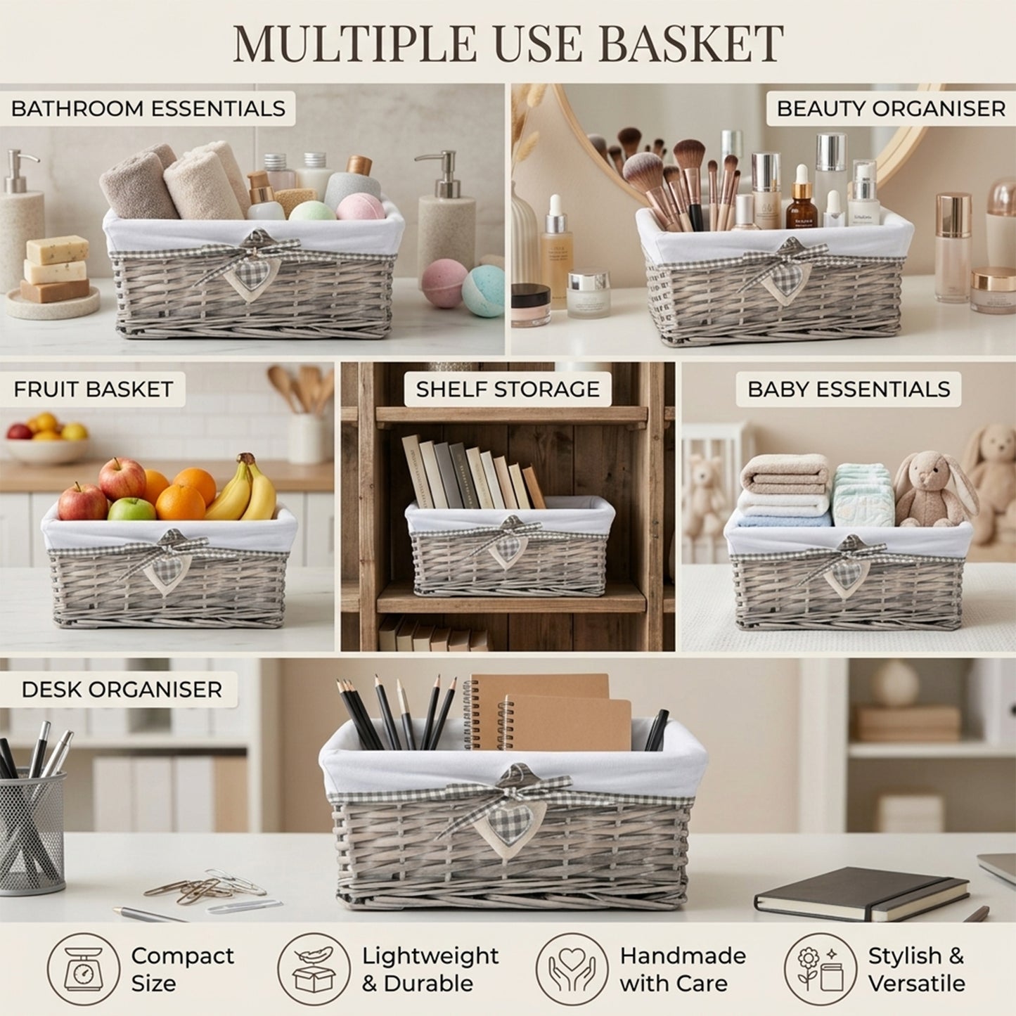Antique Wash Wicker Storage Basket with Lining - 3 Sizes