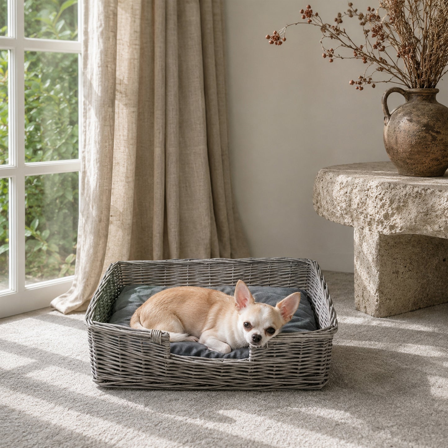 Antique Wash Rectangular Low Entry Wicker Dog Bed with Cushion - 2 Sizes