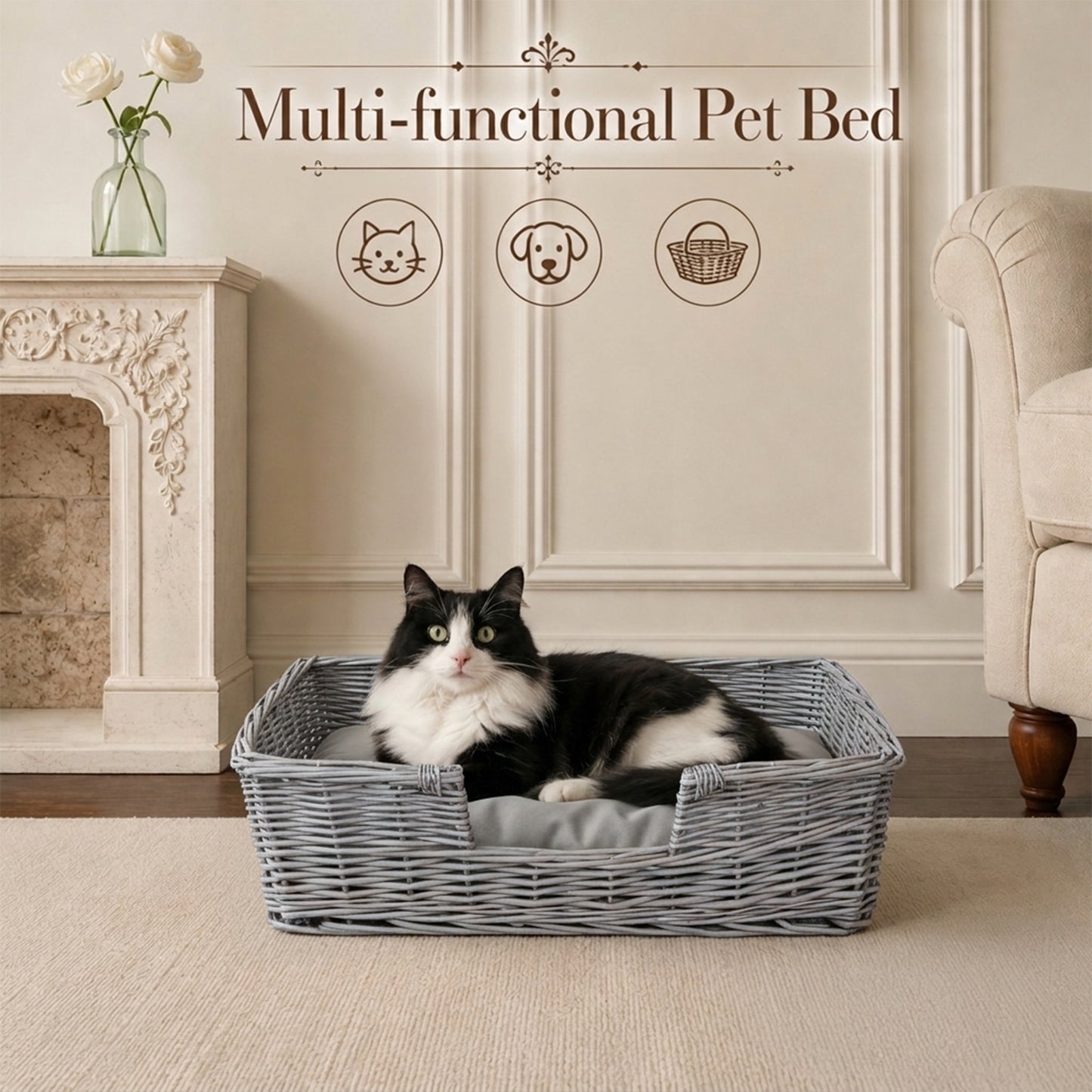 Antique Wash Rectangular Low Entry Wicker Dog Bed with Cushion - 2 Sizes