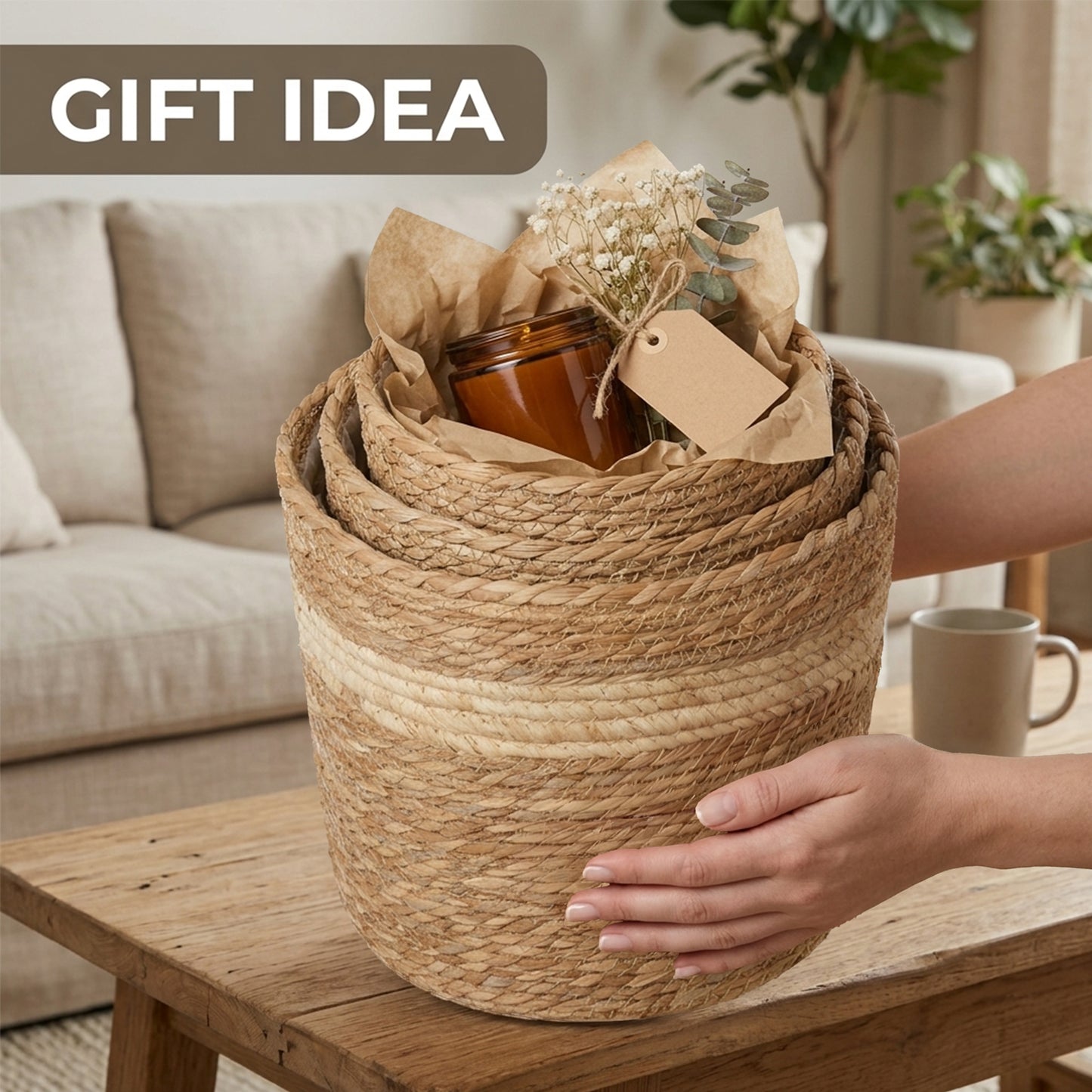 Cattail Woven Basket Planter with Plastic Lining - 2 Sizes