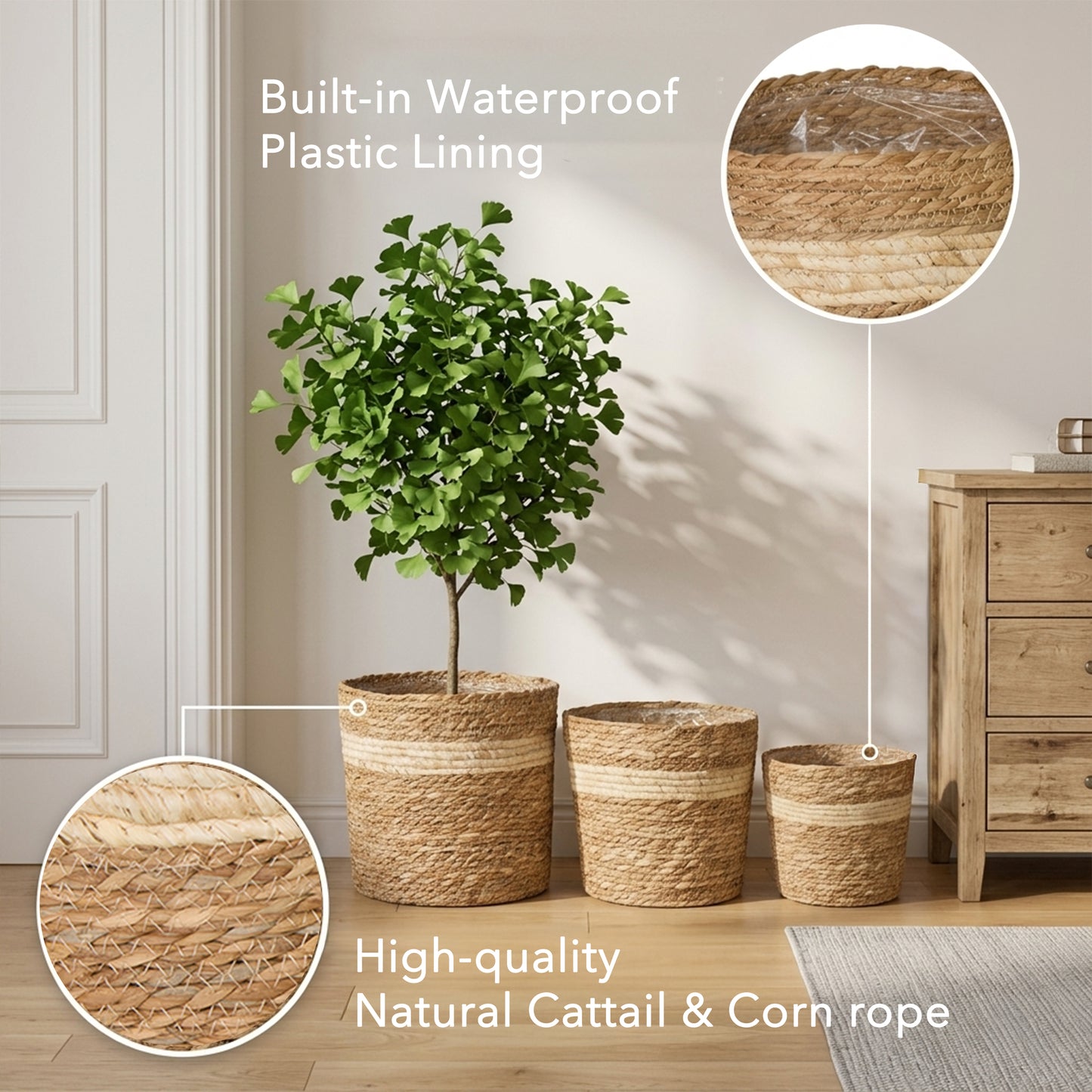 Cattail Woven Basket Planter with Plastic Lining - 2 Sizes