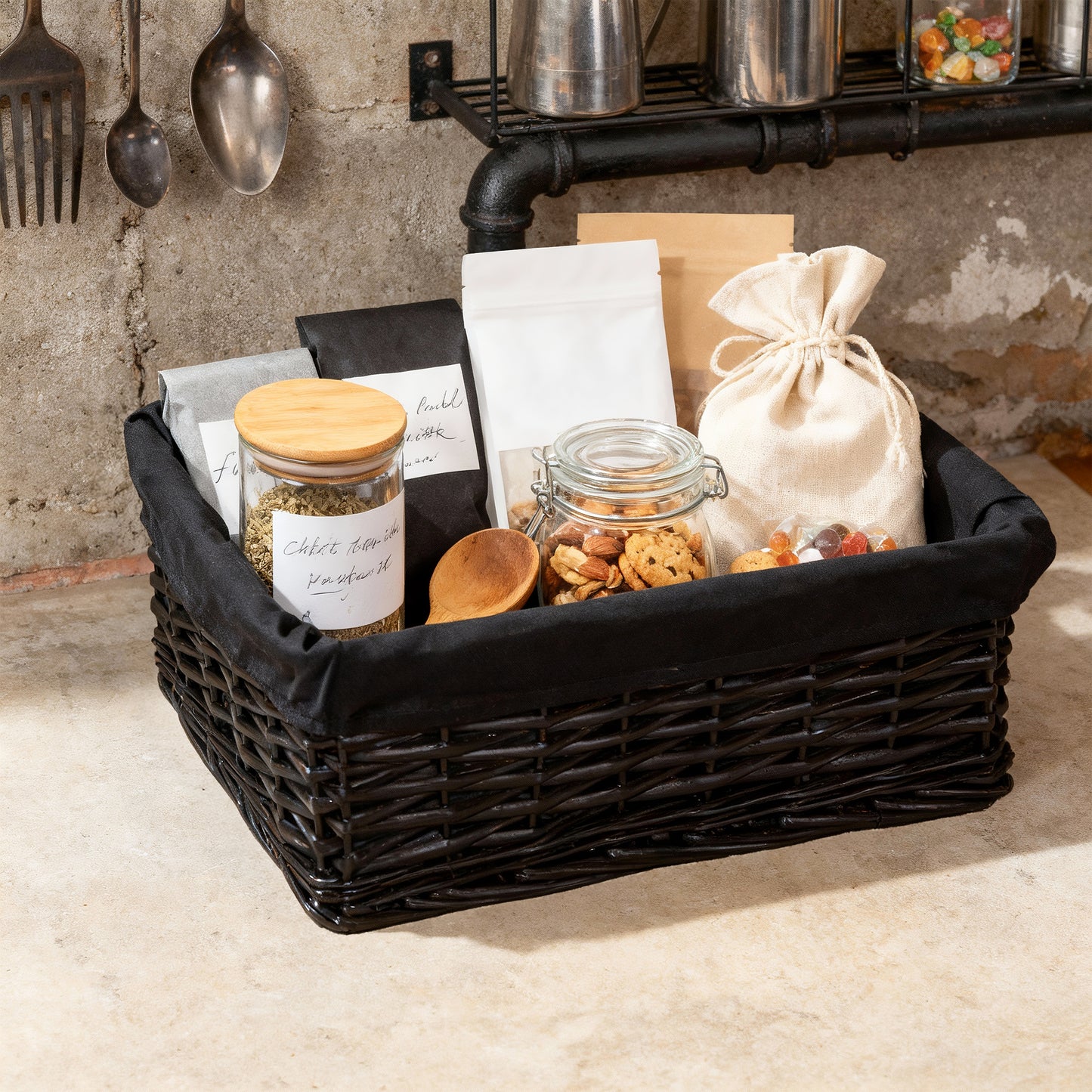 Black Wicker Storage Basket with Lining - 3 Sizes