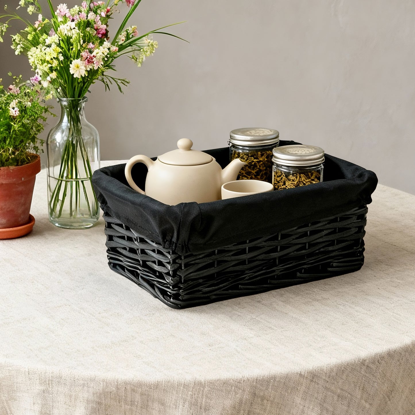 Black Wicker Storage Basket with Lining - 3 Sizes