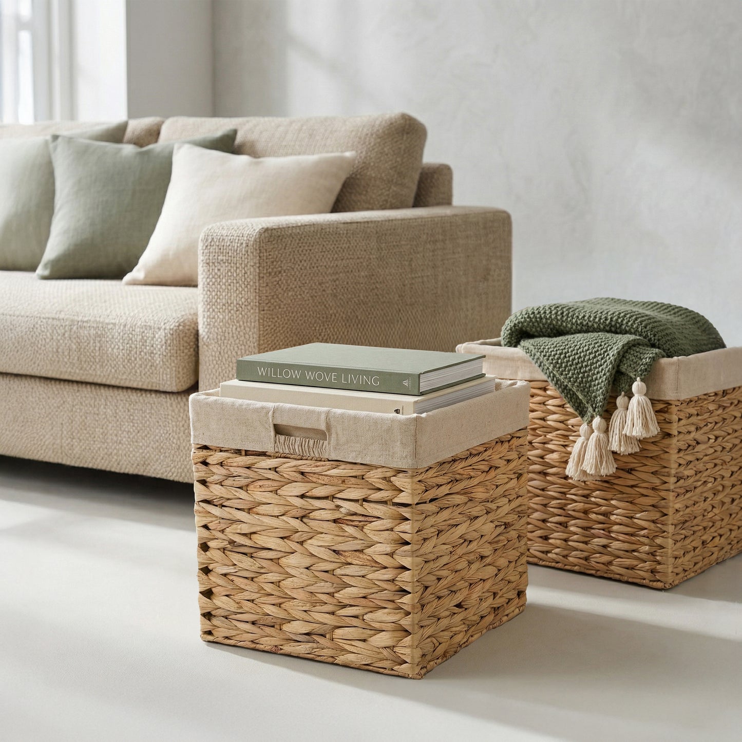 Square Water Hyacinth Storage Basket with Lining