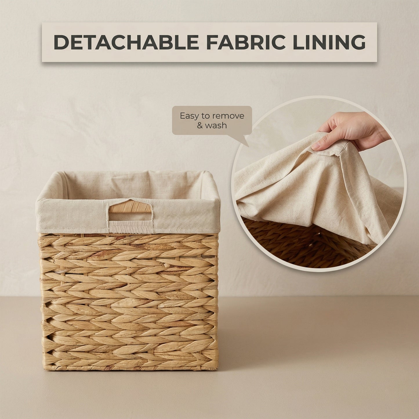 Square Water Hyacinth Storage Basket with Lining