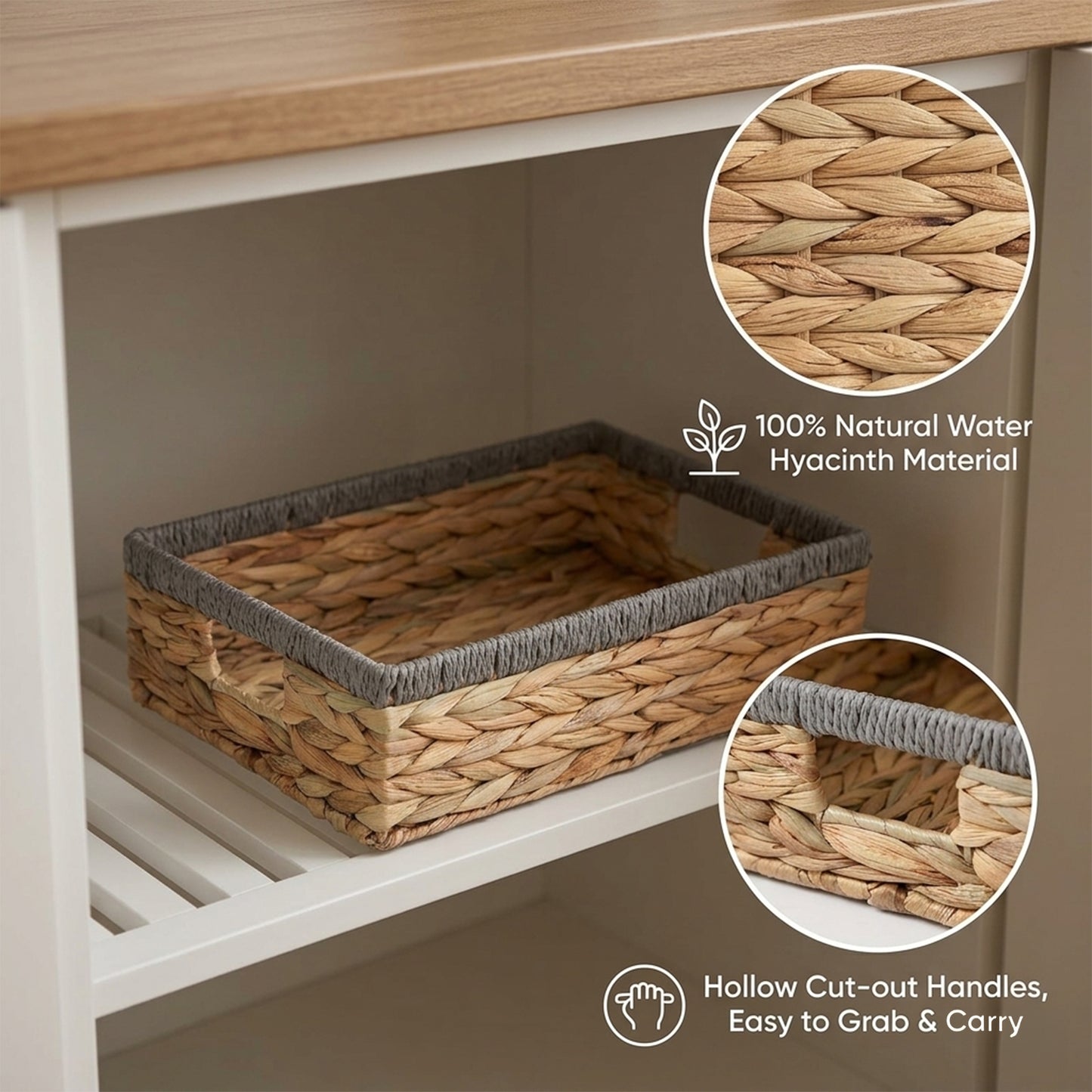 Shallow Water Hyacinth Storage Baskets with Grey Rope Border - 3 Sizes
