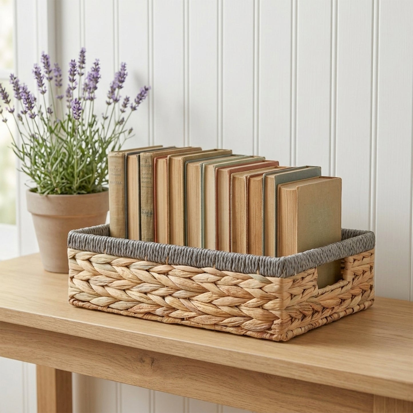 Shallow Water Hyacinth Storage Baskets with Grey Rope Border - 3 Sizes