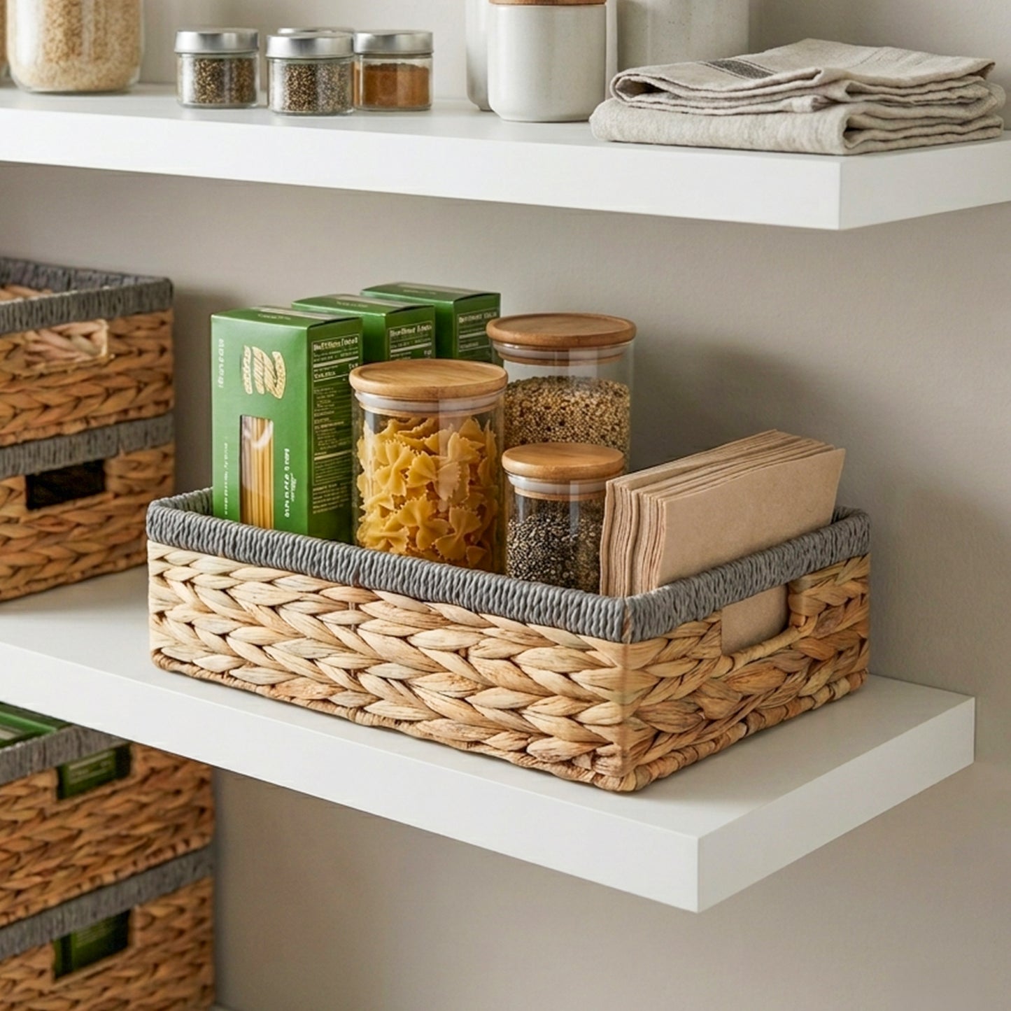 Shallow Water Hyacinth Storage Baskets with Grey Rope Border - 3 Sizes