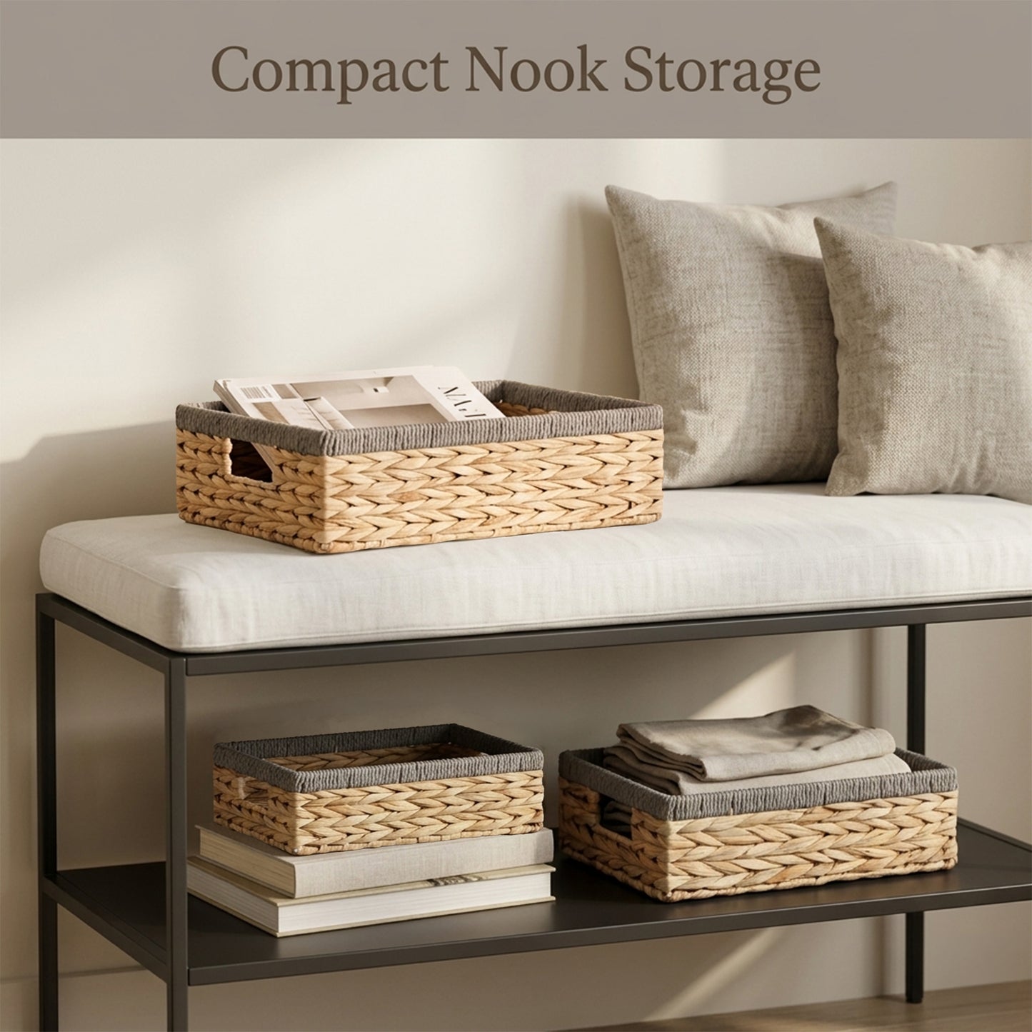 Shallow Water Hyacinth Storage Baskets with Grey Rope Border - 3 Sizes