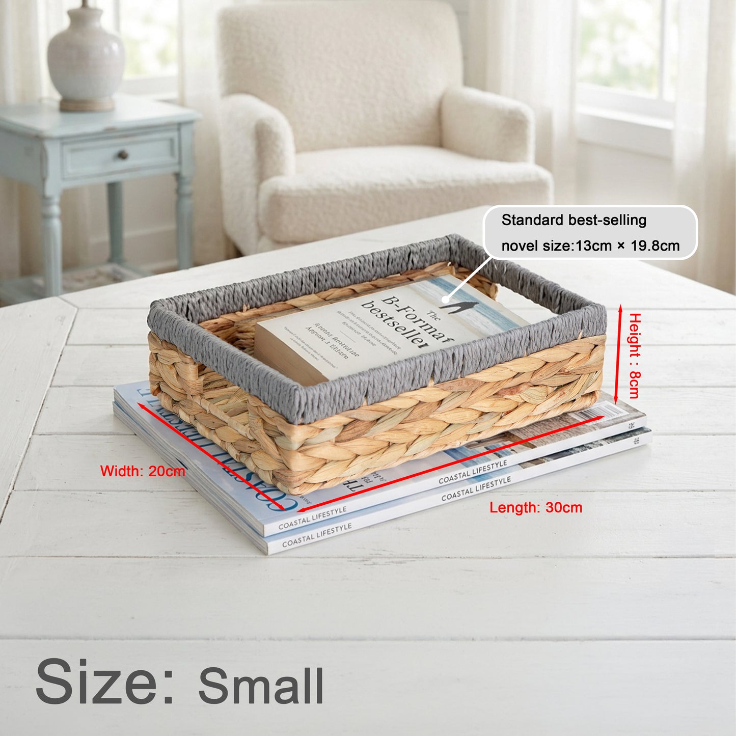Shallow Water Hyacinth Storage Baskets with Grey Rope Border - 3 Sizes