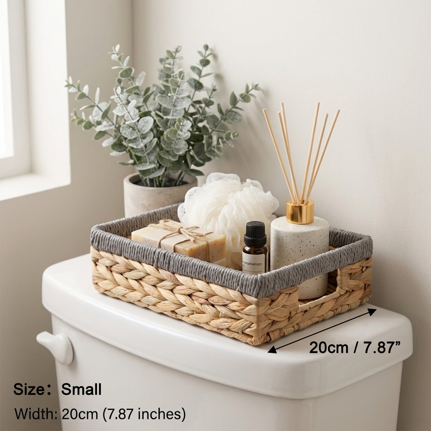 Shallow Water Hyacinth Storage Baskets with Grey Rope Border - 3 Sizes