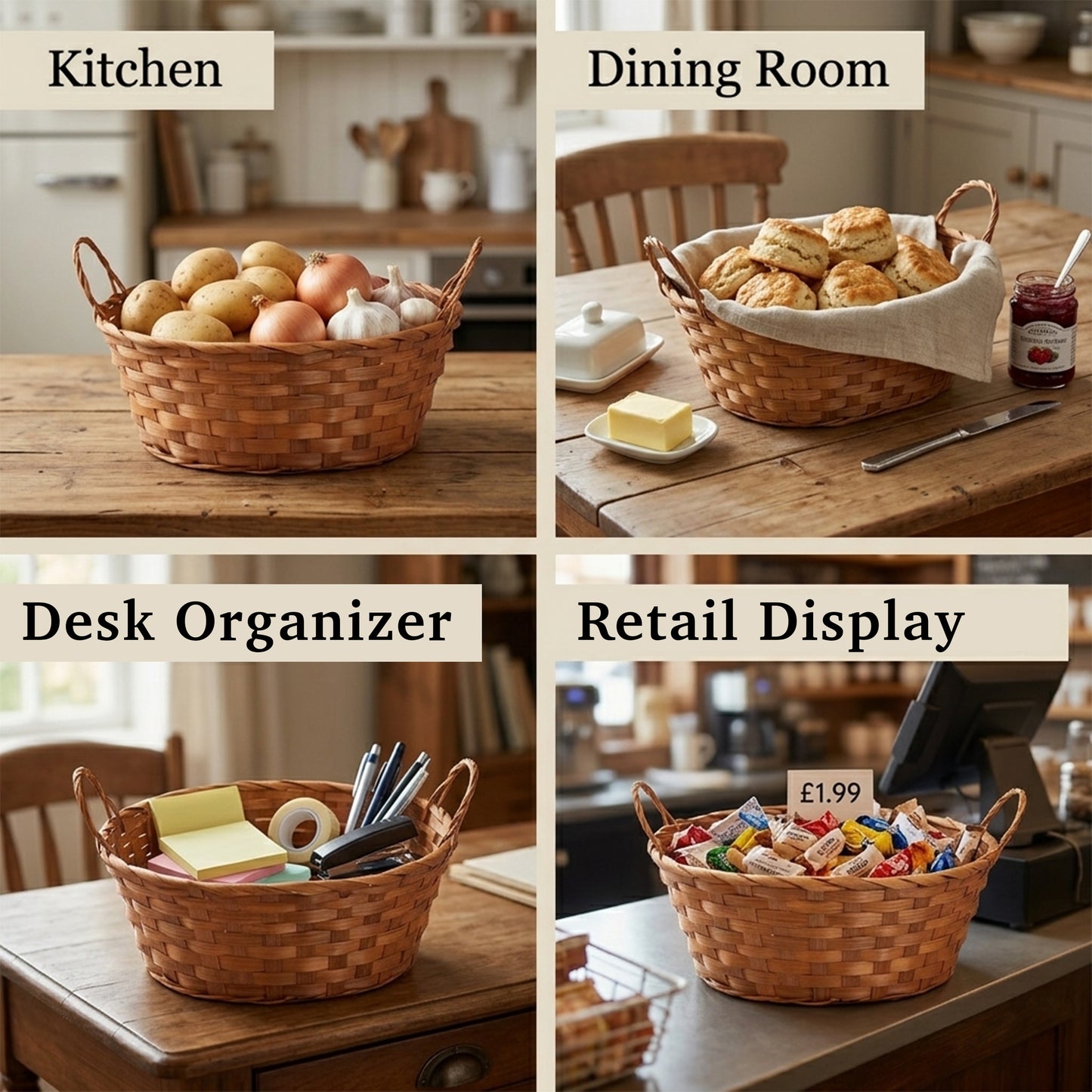 Oval Bamboo Storage Basket with Handle - Double Steamed / Light Steamed / Natural