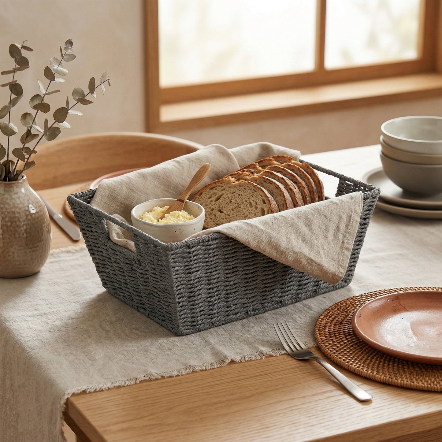 Tapered Paper Rope Storage Basket Tray -Grey / Beige