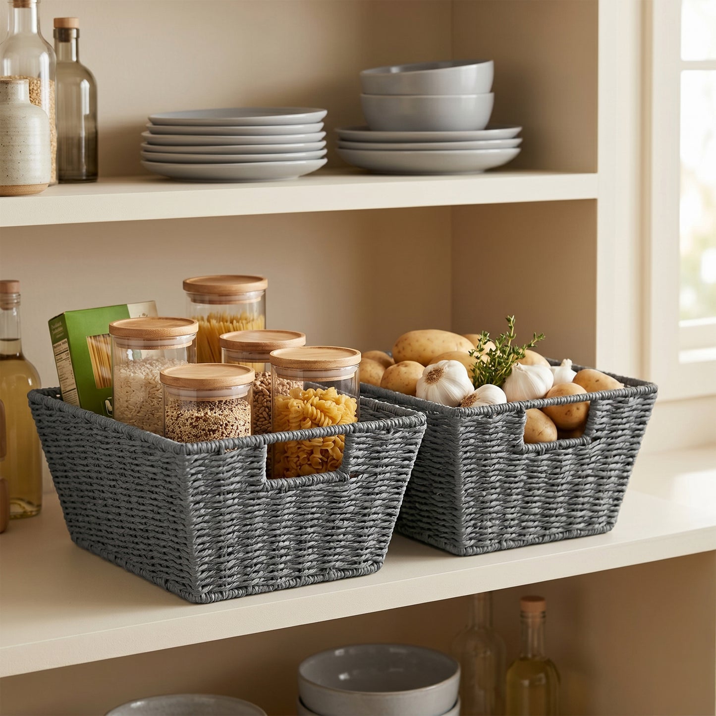 Tapered Paper Rope Storage Basket Tray -Grey / Beige