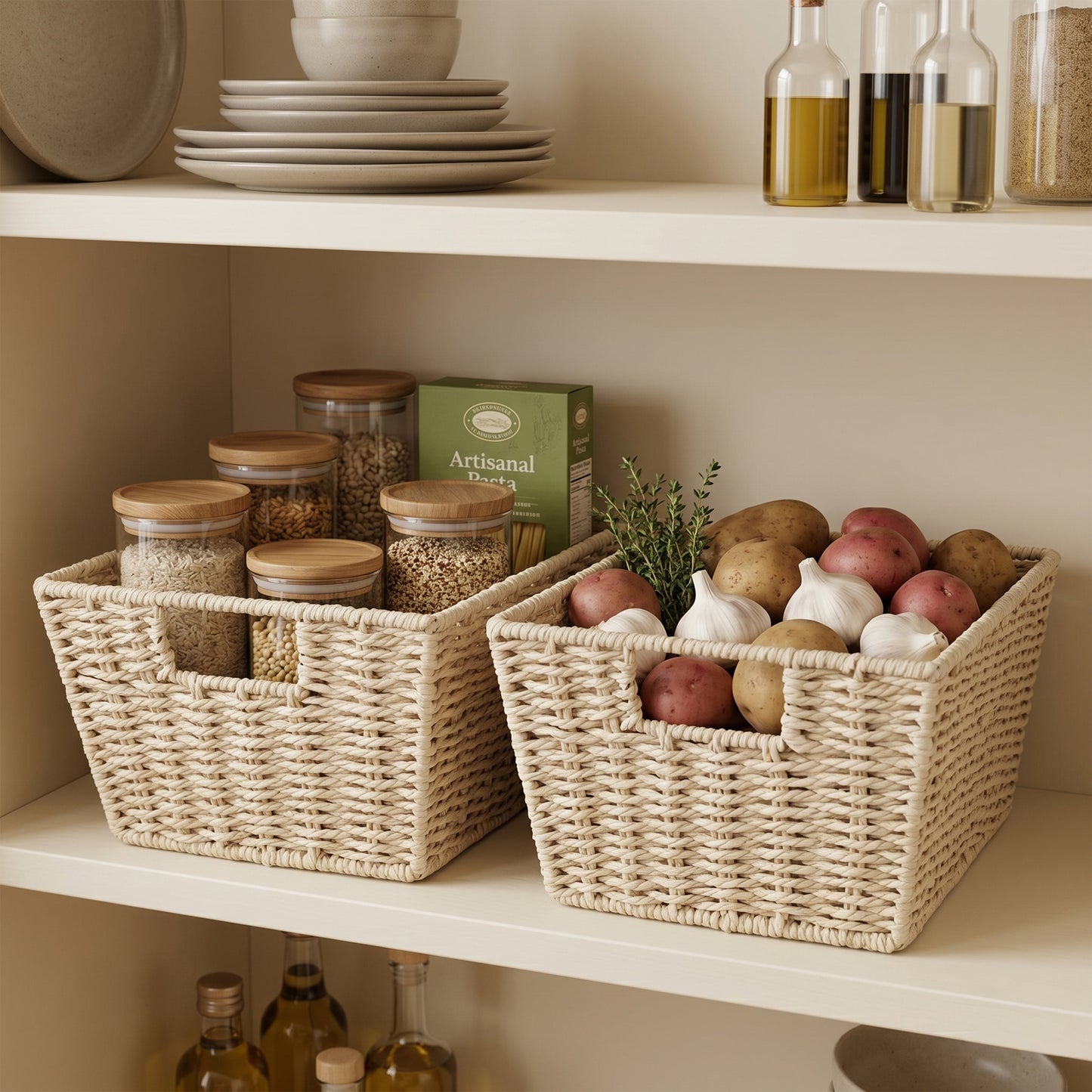 Tapered Paper Rope Storage Basket Tray -Grey / Beige