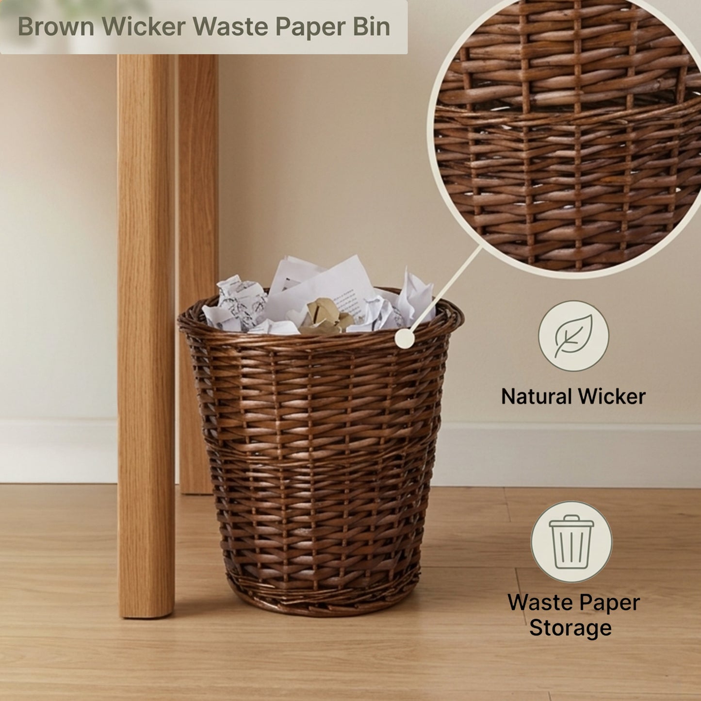 Brown Wicker Waste Paper Bin