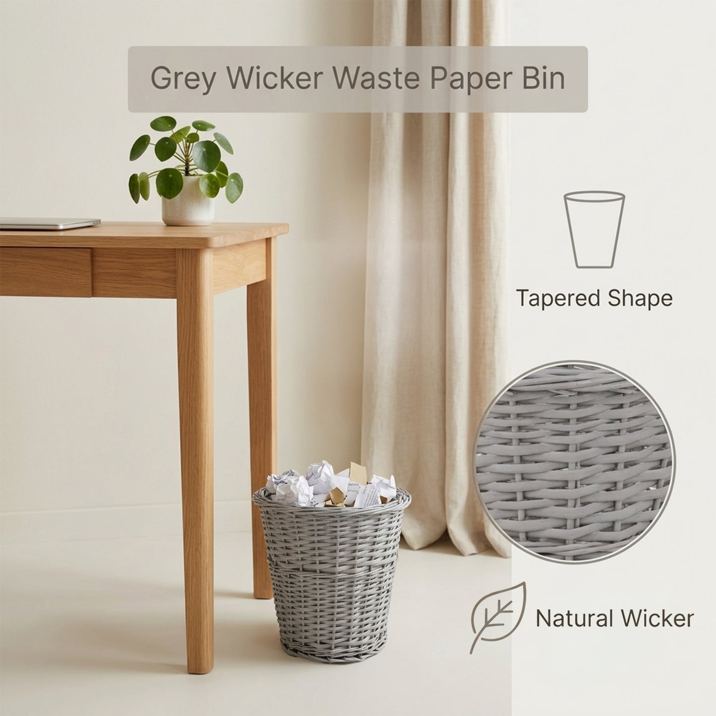 Grey Wicker Waste Paper Bin