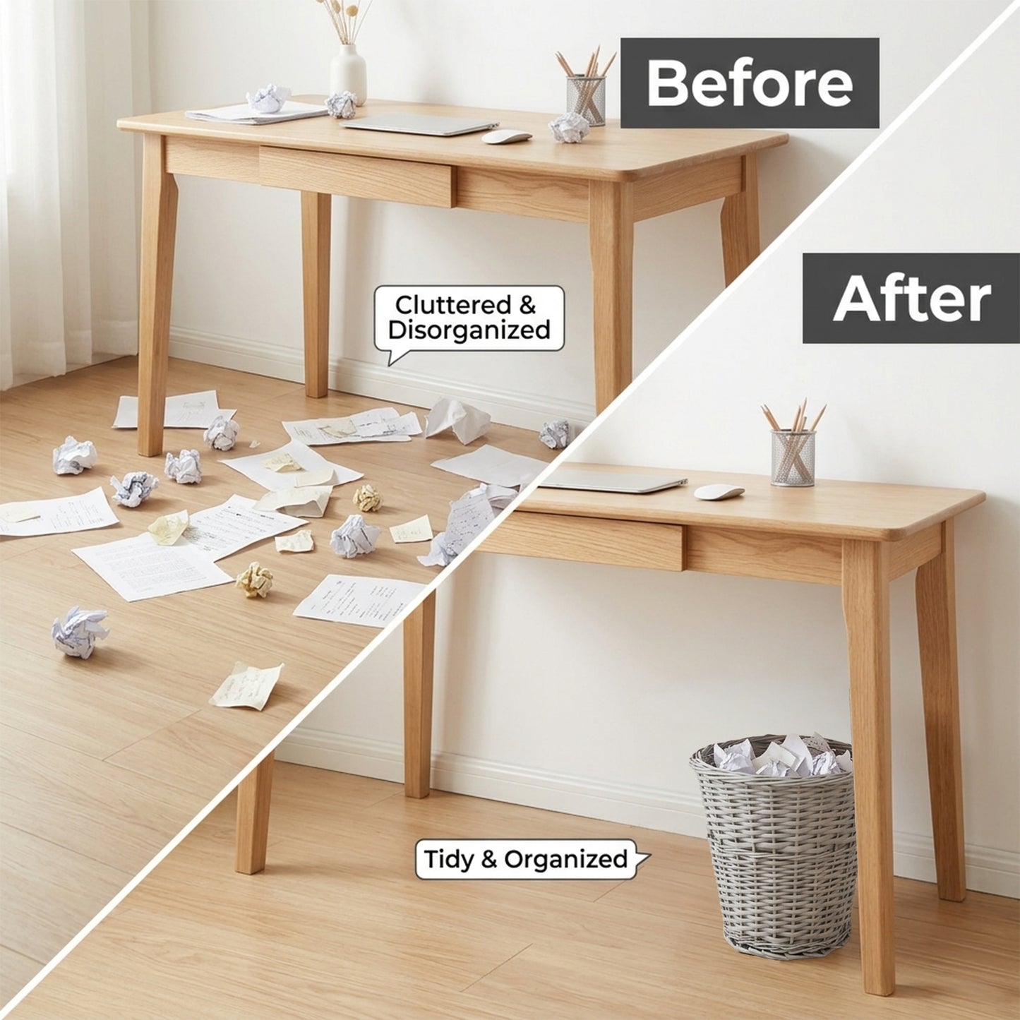 Grey Wicker Waste Paper Bin