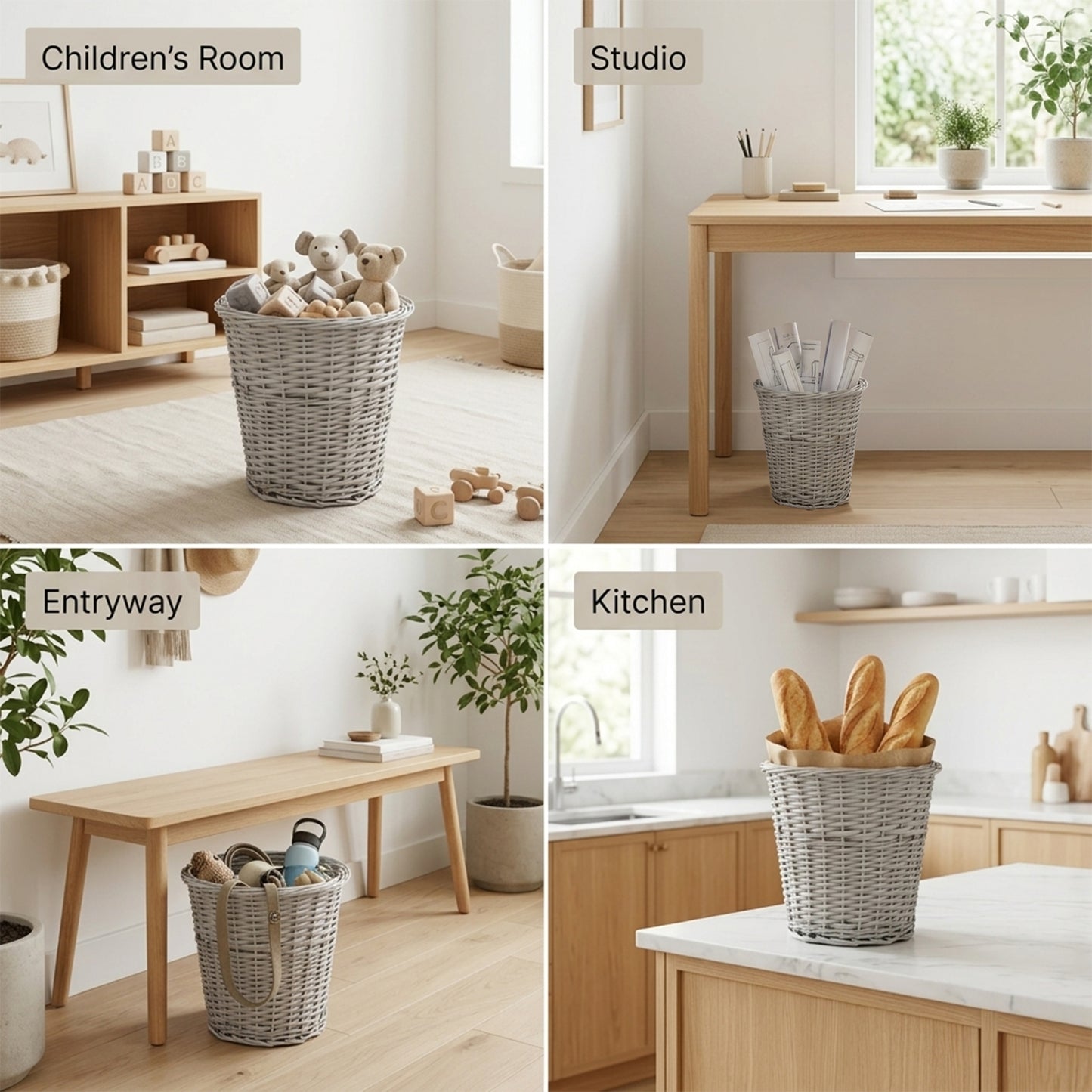 Grey Wicker Waste Paper Bin