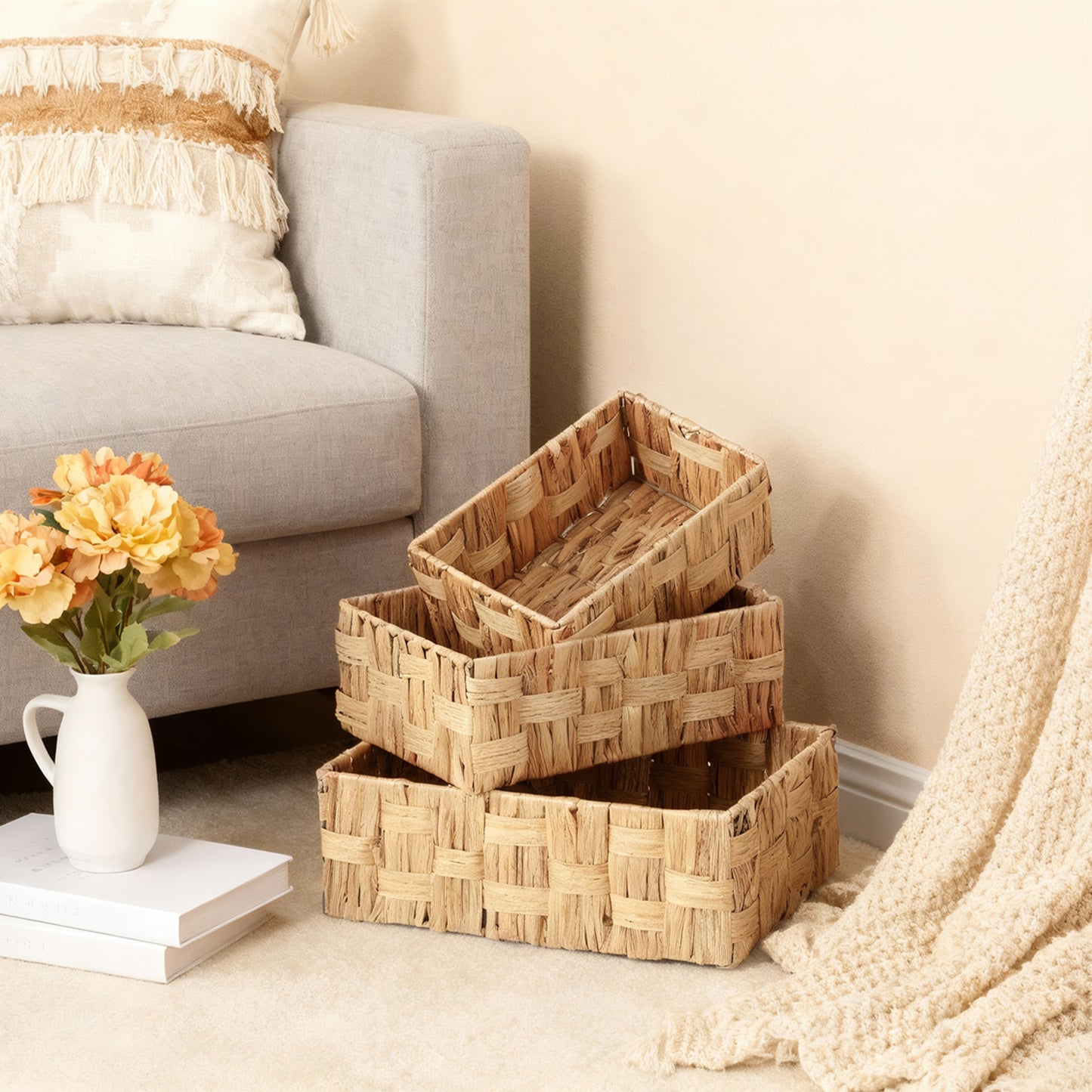 Water Hyacinth Basket with Checkered Weave - 3 Sizes