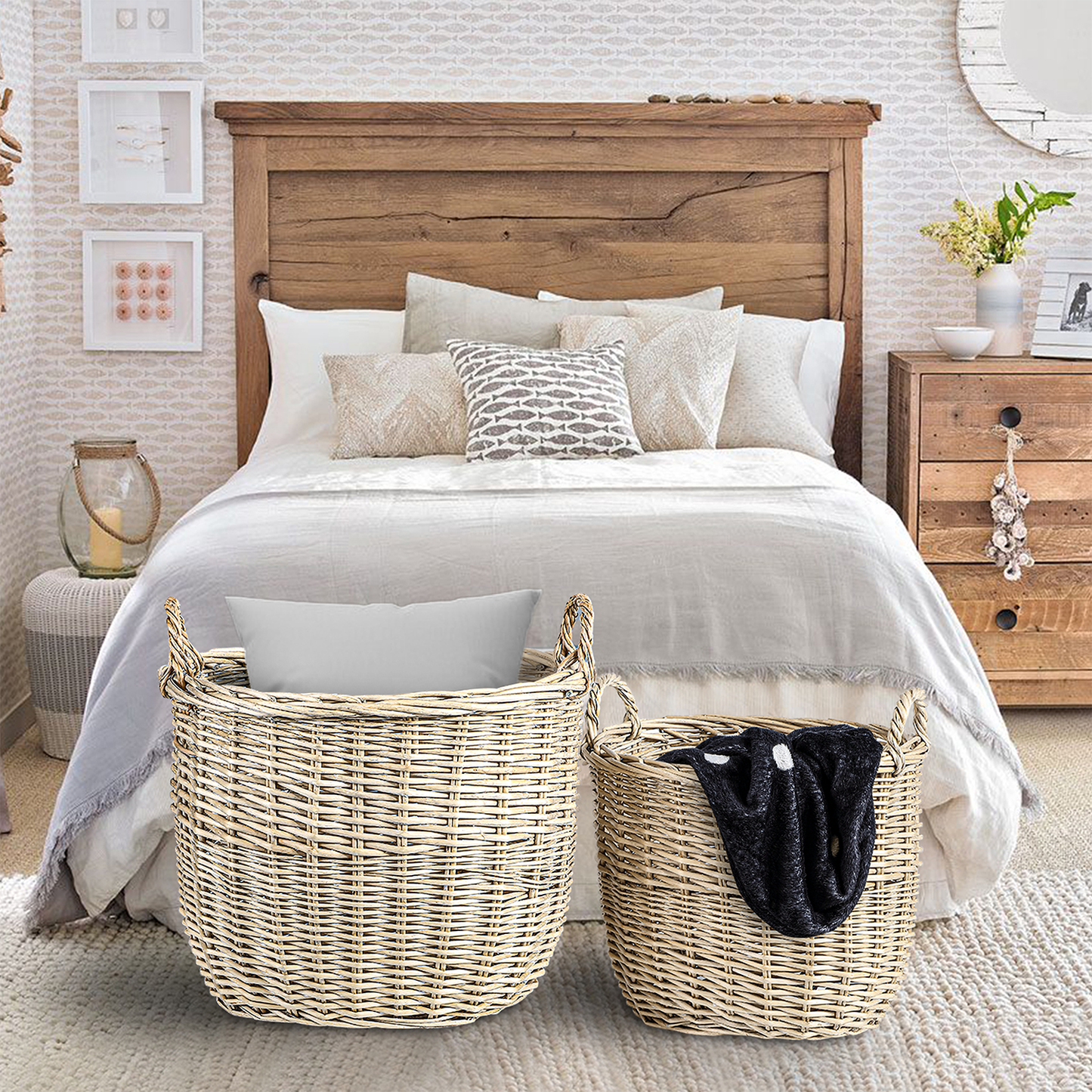 Antique Wash Oval Wicker Storage Basket - 2 Sizes