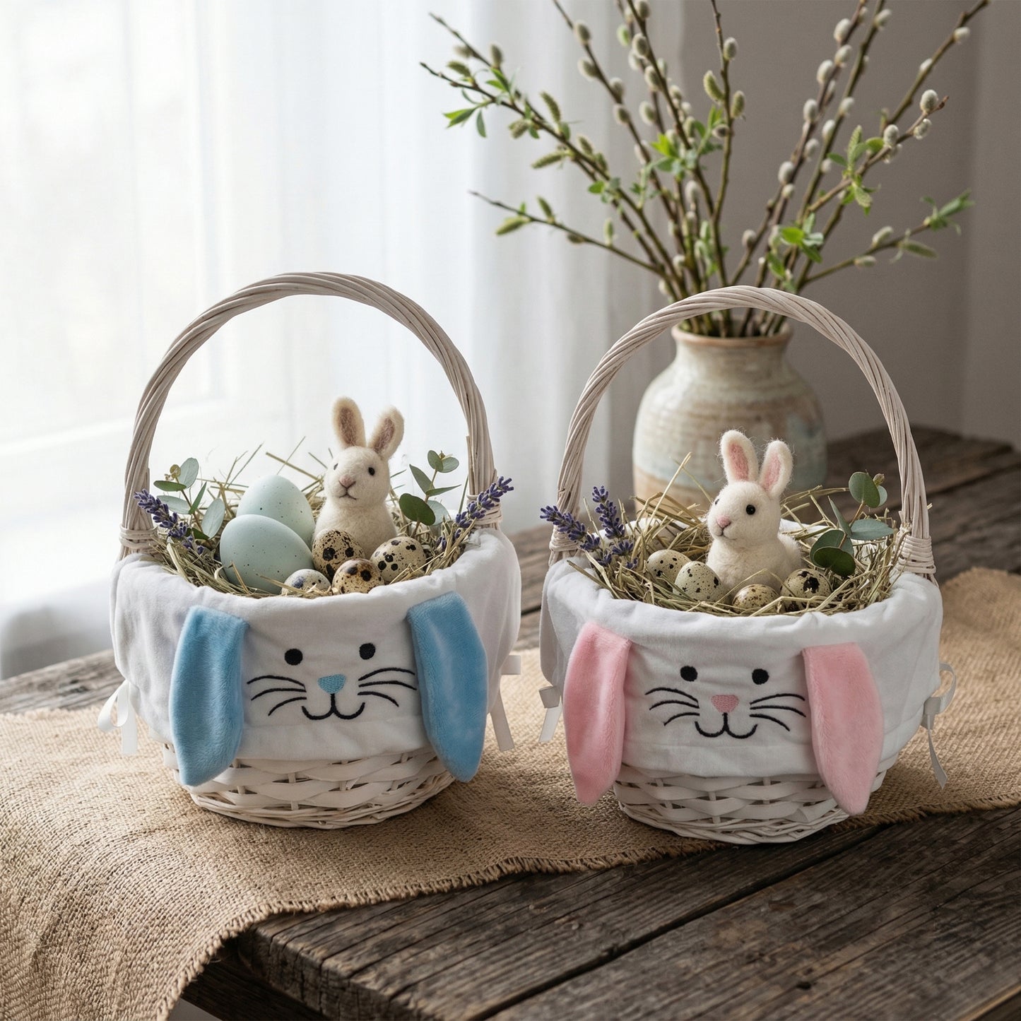Round Wicker Easter Basket with Pink Bunny Lining