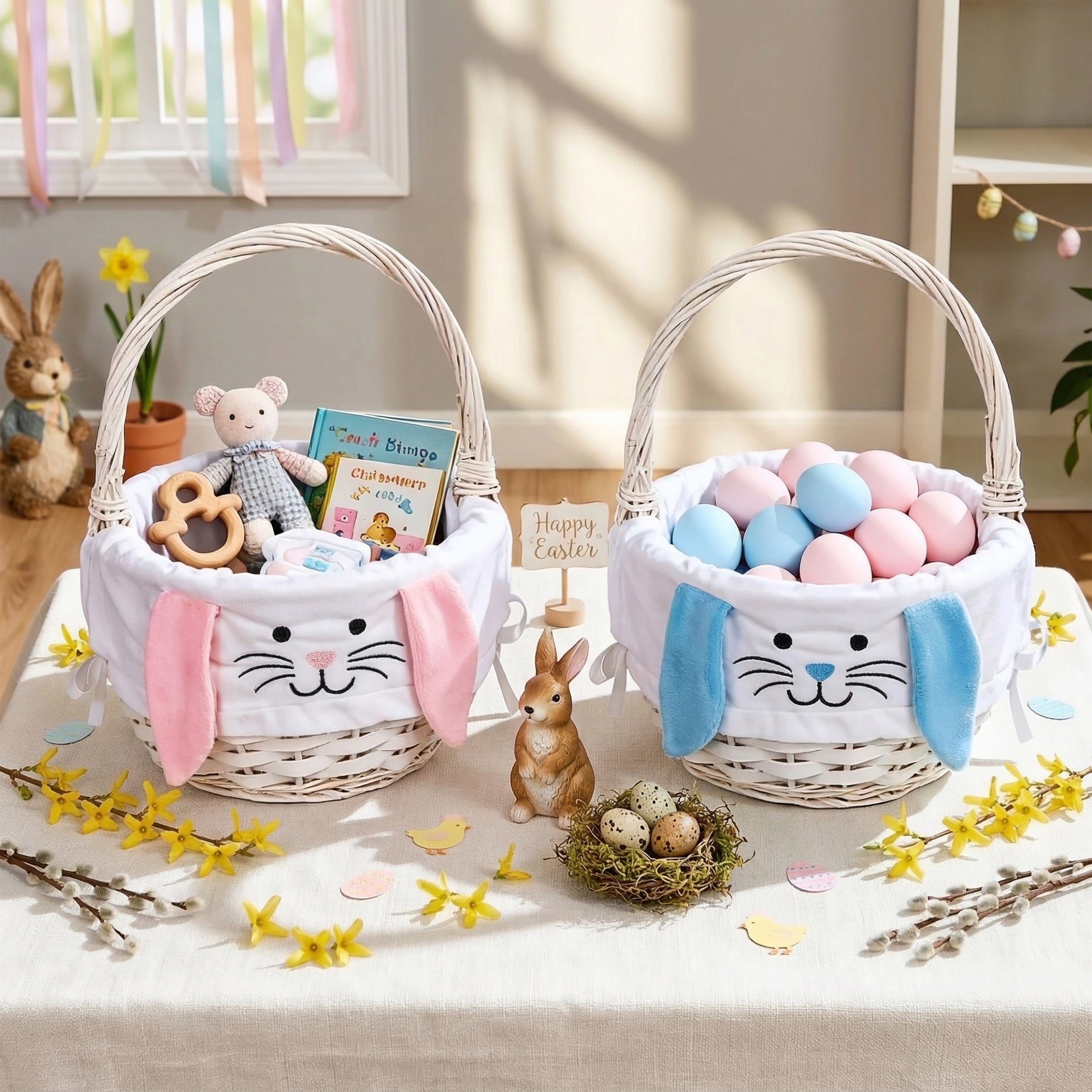 Round Wicker Easter Basket with Blue Bunny Lining – Wickerfield