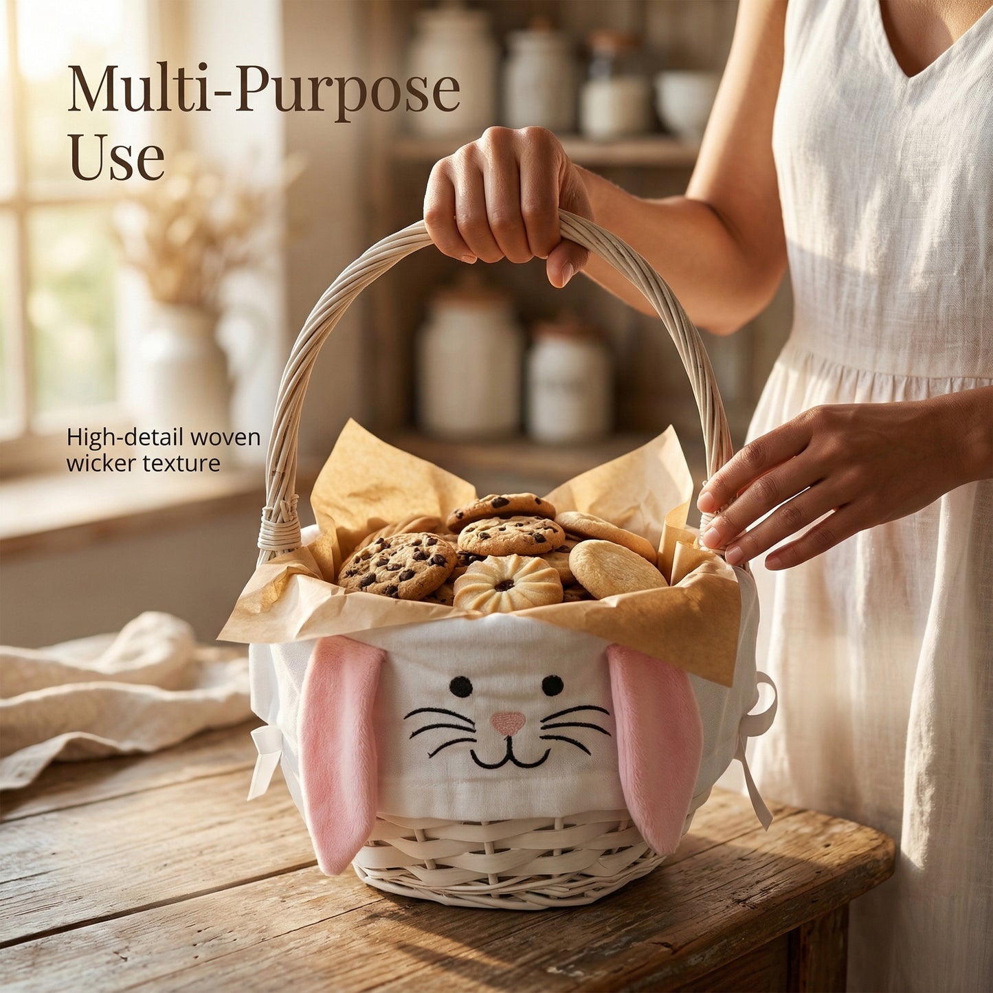 Round Wicker Easter Basket with Pink Bunny Lining
