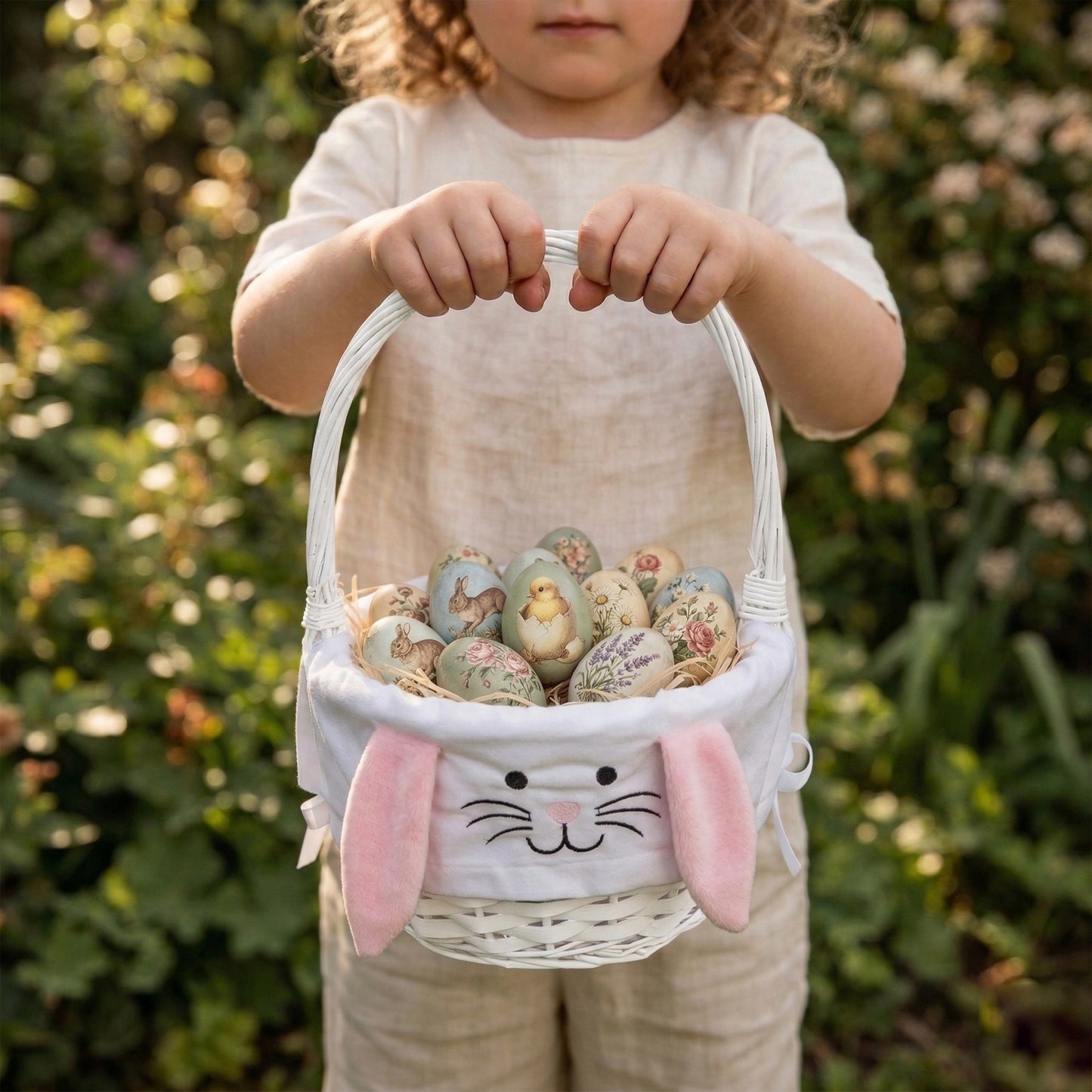 Round Wicker Easter Basket with Pink Bunny Lining