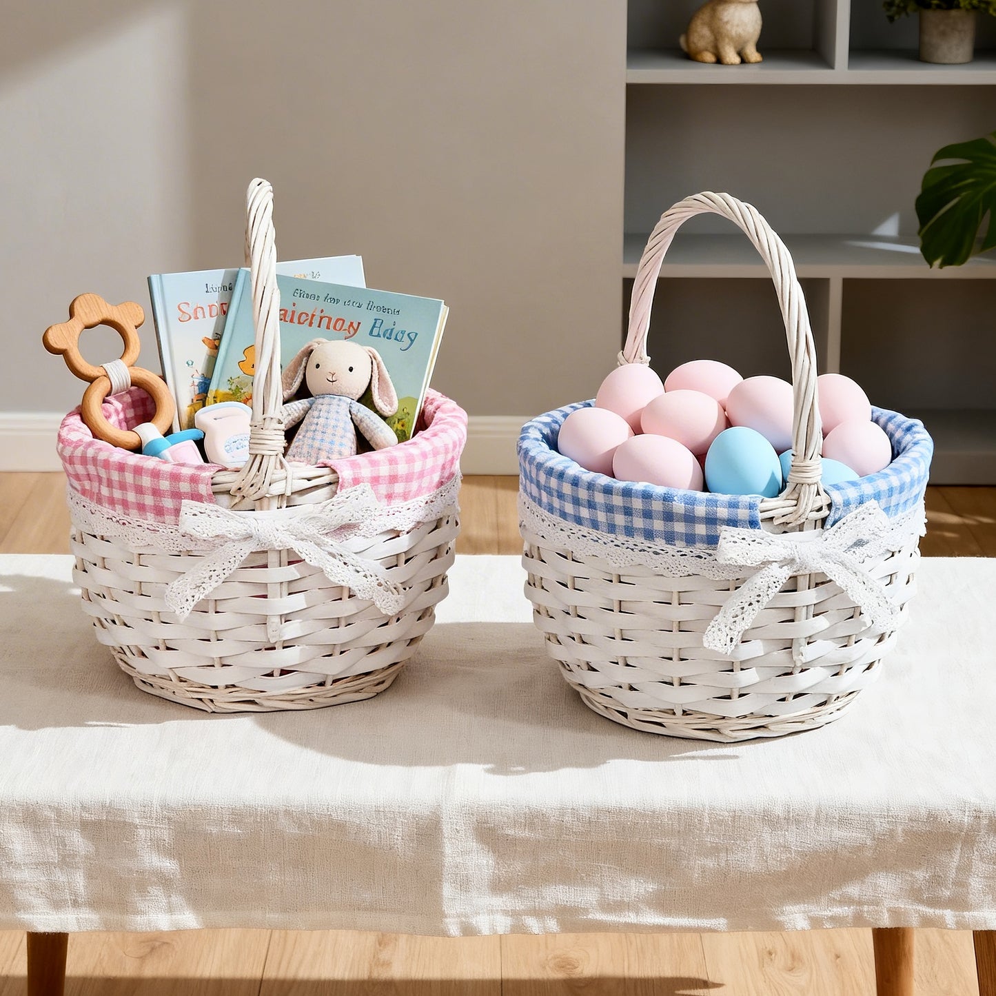 Round Wicker Easter Basket with Pink Checked Lining