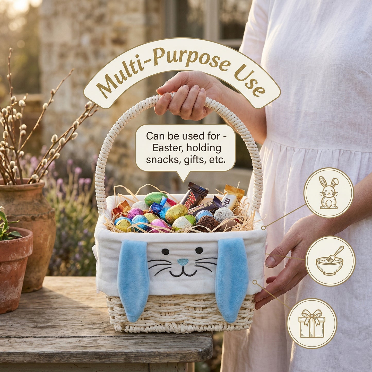 Square Easter Basket with Blue Bunny Lining
