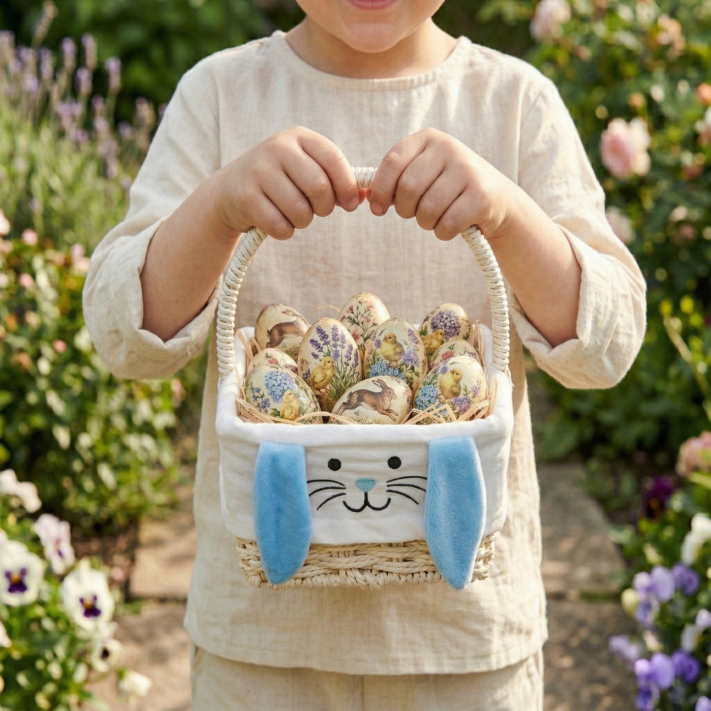 Square Easter Basket with Blue Bunny Lining