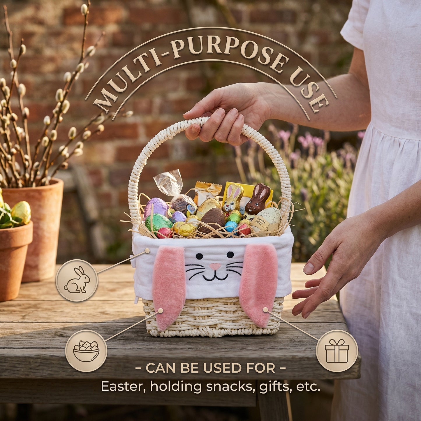 Square Easter Basket with Pink Bunny Lining