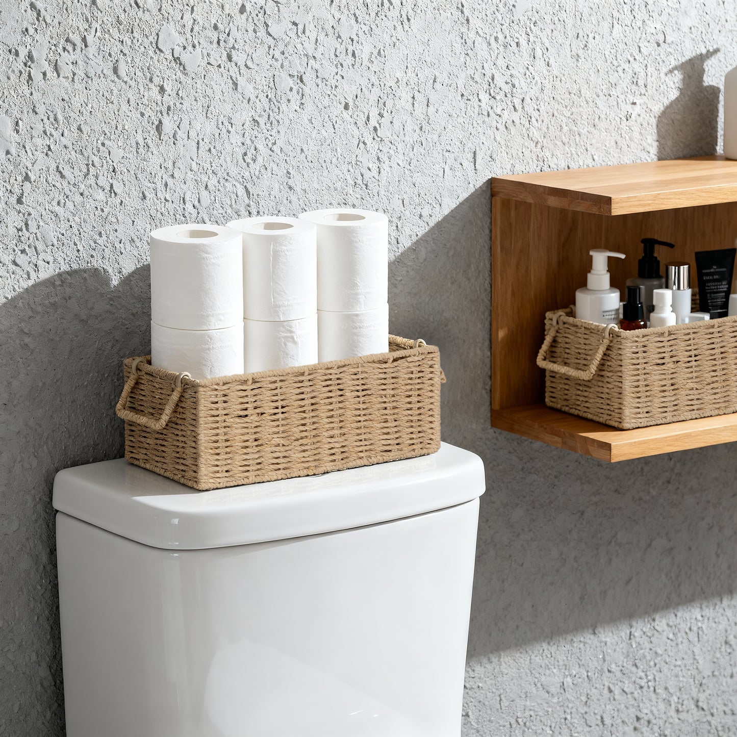 Beige Narrow Paper Rope Storage Basket with Handle