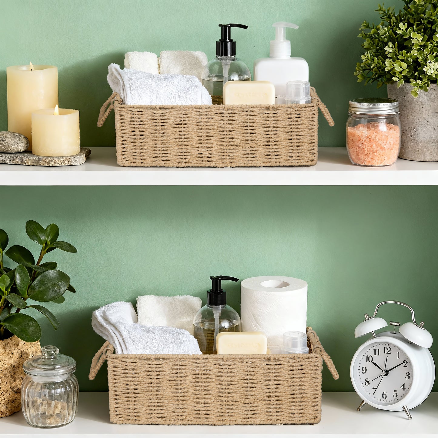 Beige Narrow Paper Rope Storage Basket with Handle