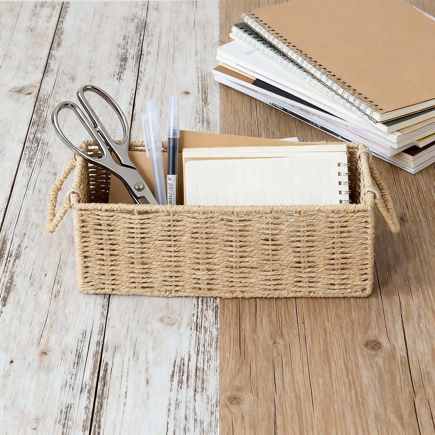 Beige Narrow Paper Rope Storage Basket with Handle
