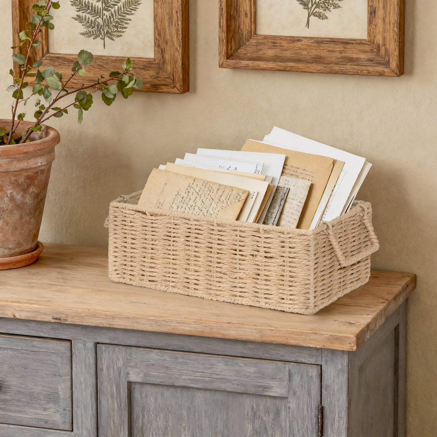Beige Narrow Paper Rope Storage Basket with Handle