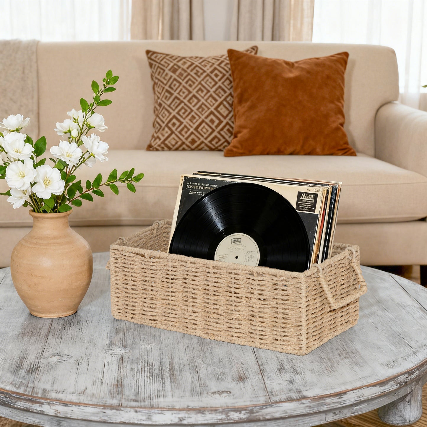 Beige Narrow Paper Rope Storage Basket with Handle