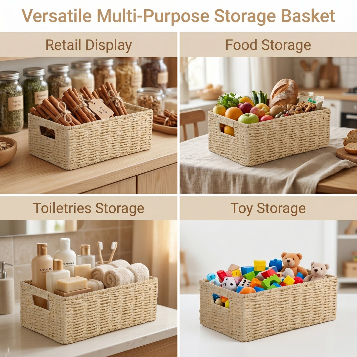 Beige Paper Rope Storage Basket with Handle- 3 Sizes