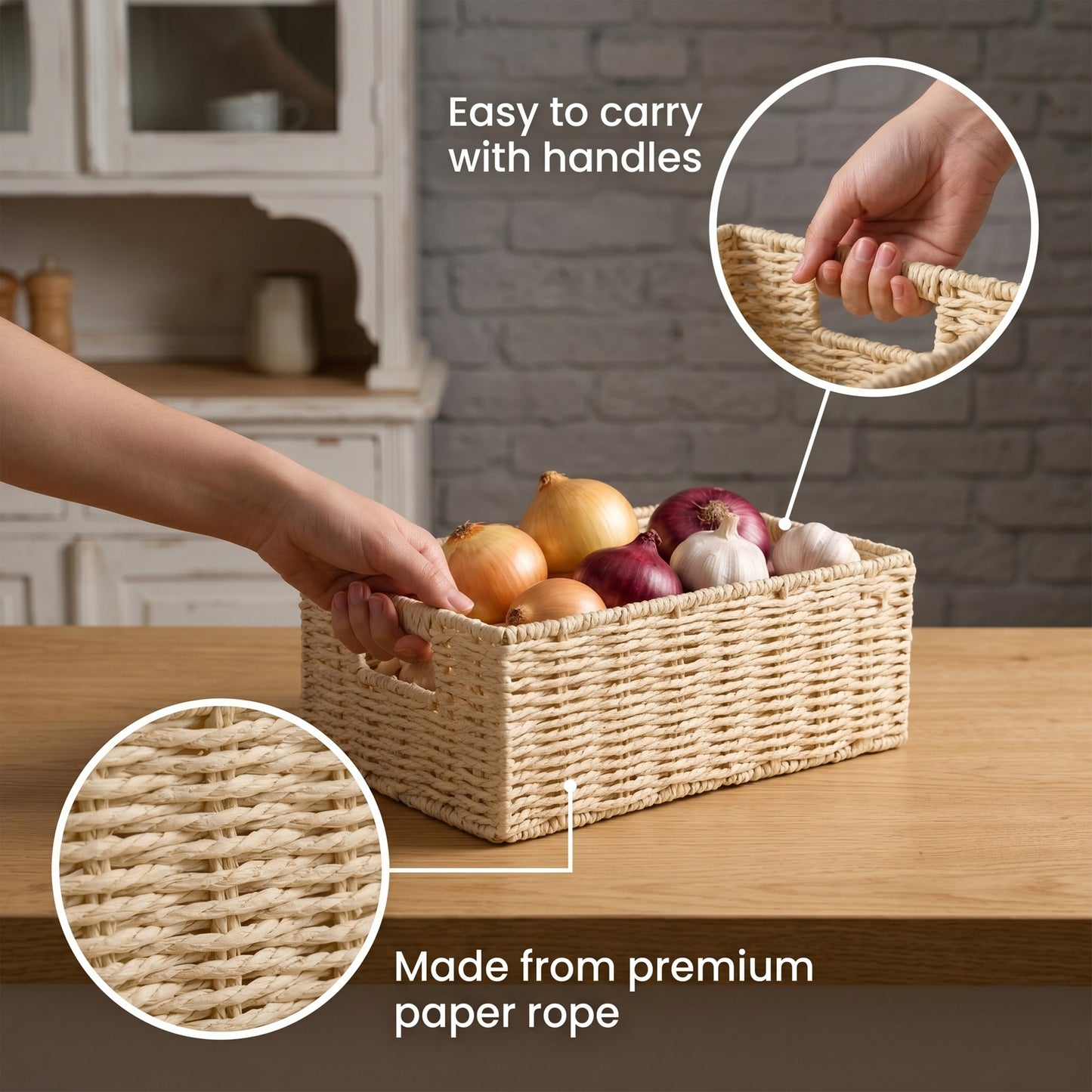Beige Paper Rope Storage Basket with Handle- 3 Sizes