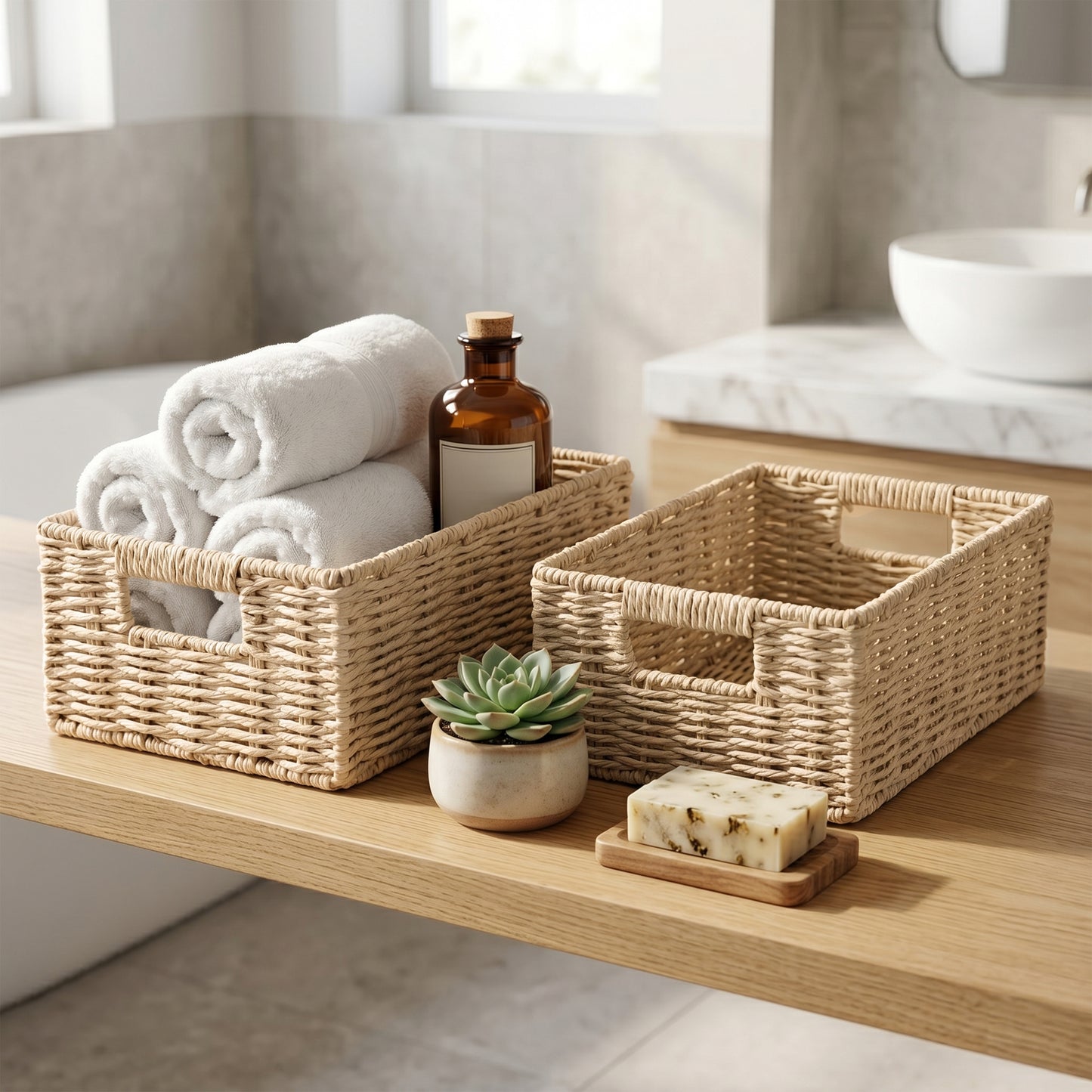 Beige Paper Rope Storage Basket with Handle- 3 Sizes
