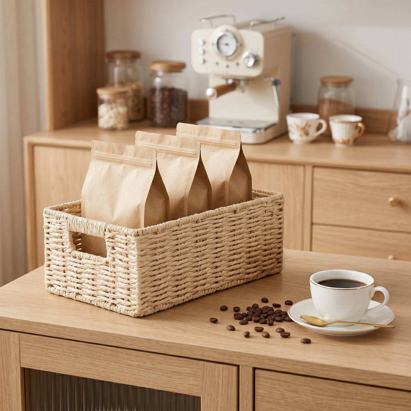 Beige Paper Rope Storage Basket with Handle- 3 Sizes
