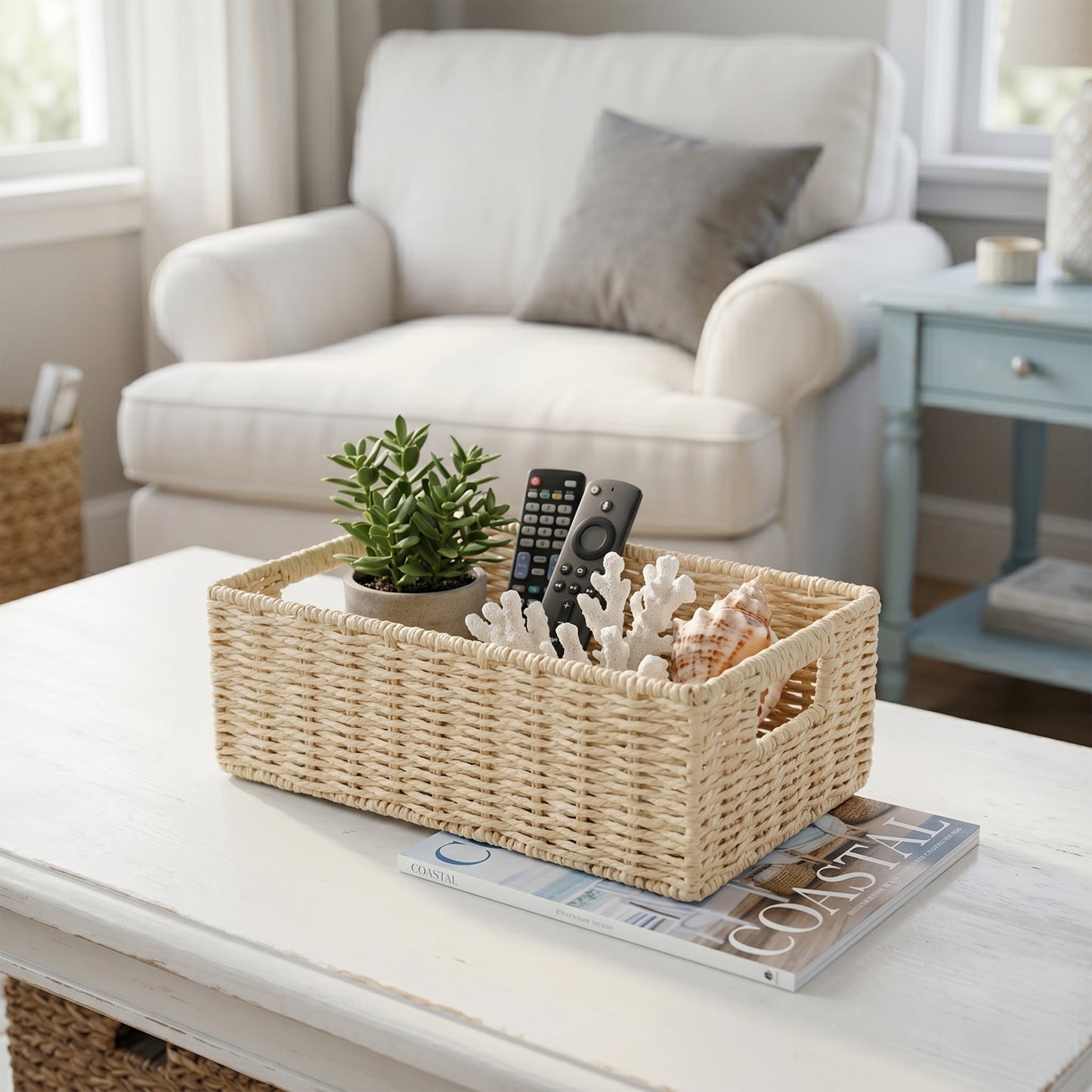Beige Paper Rope Storage Basket with Handle- 3 Sizes