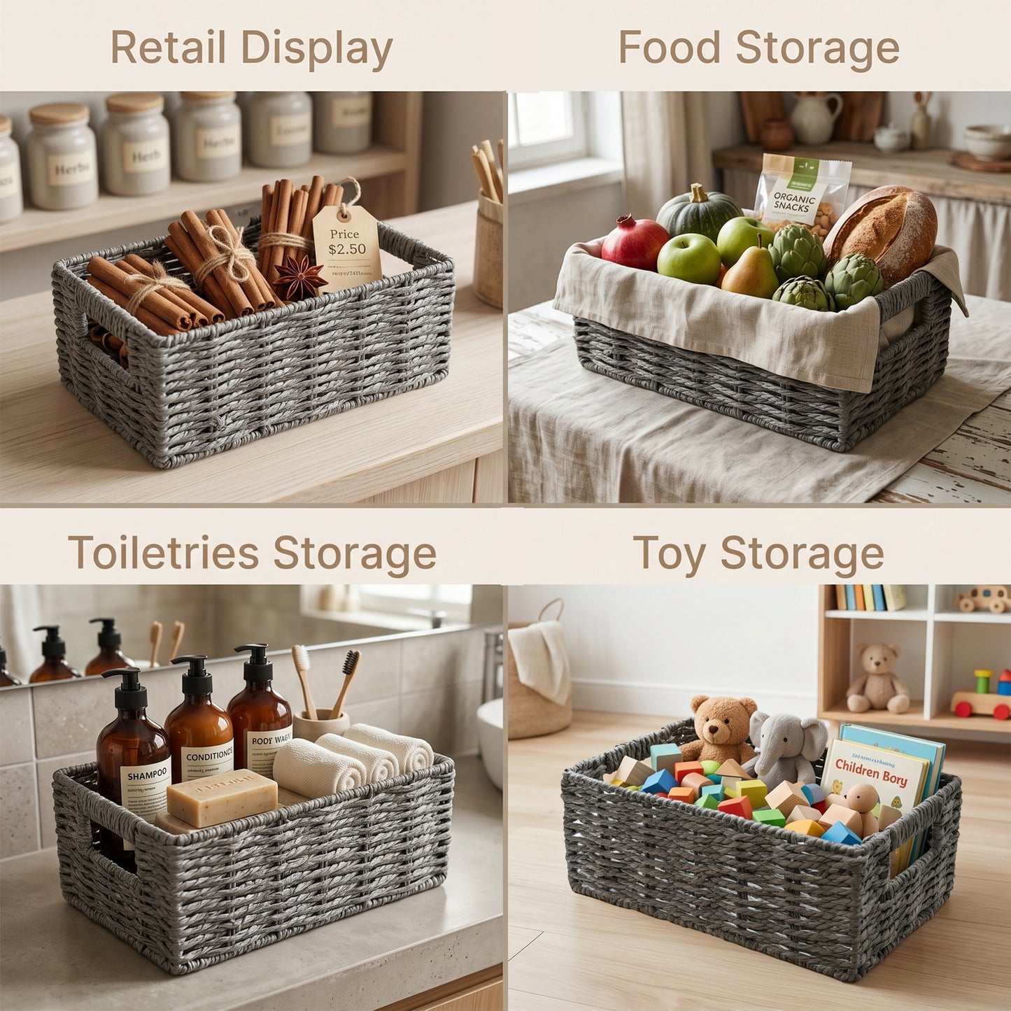Grey Paper Rope Storage Basket with Handle- 3 Sizes