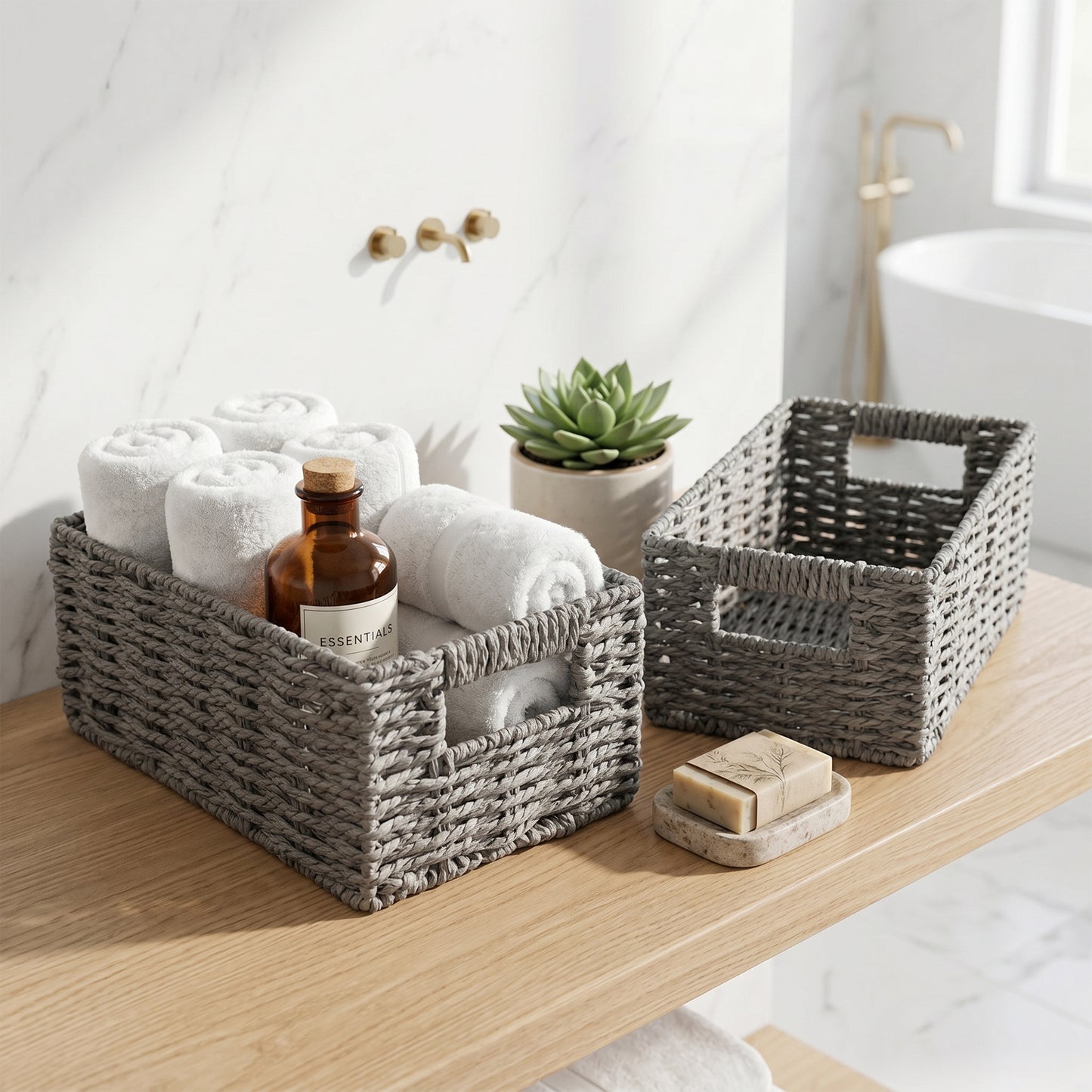 Grey Paper Rope Storage Basket with Handle- 3 Sizes