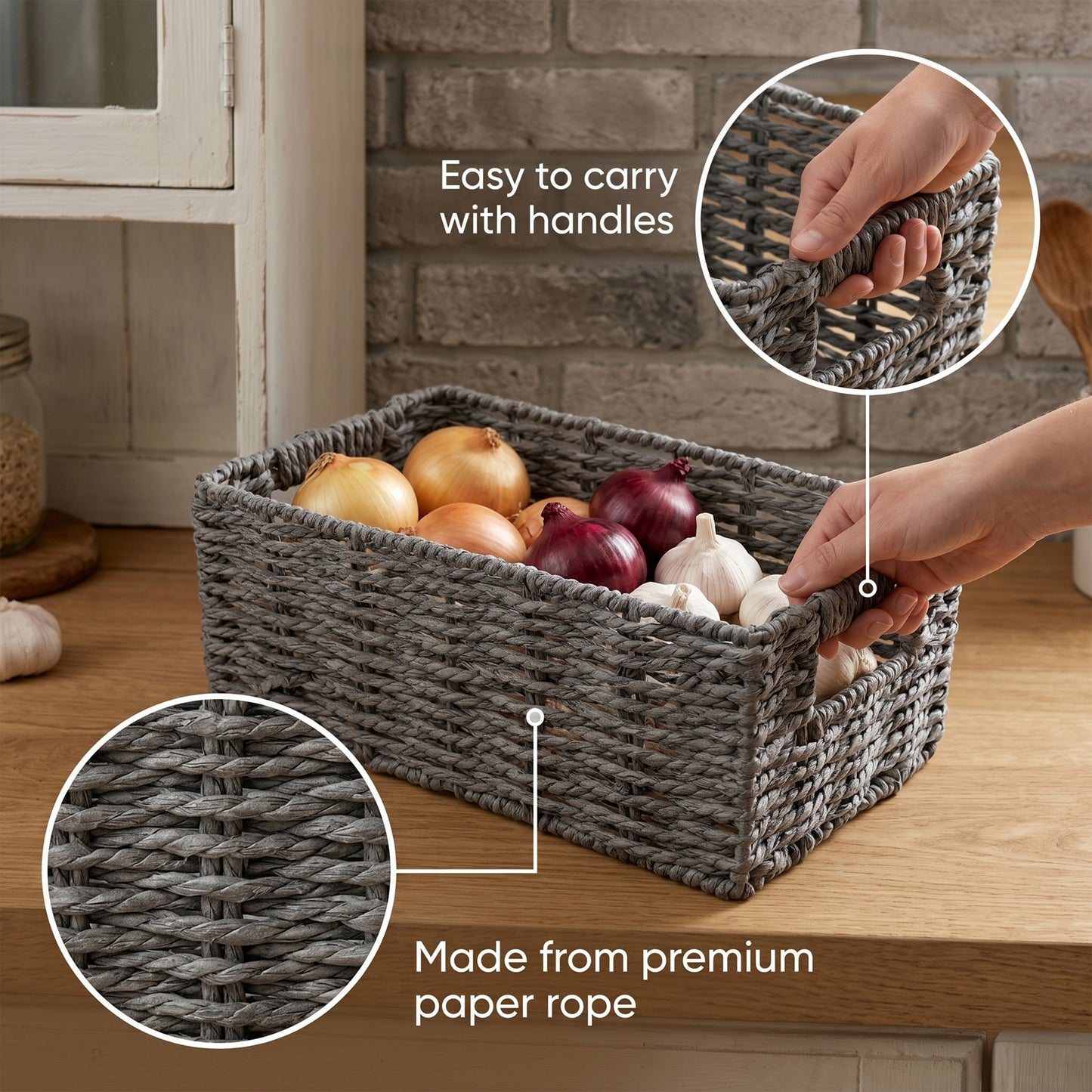 Grey Paper Rope Storage Basket with Handle- 3 Sizes