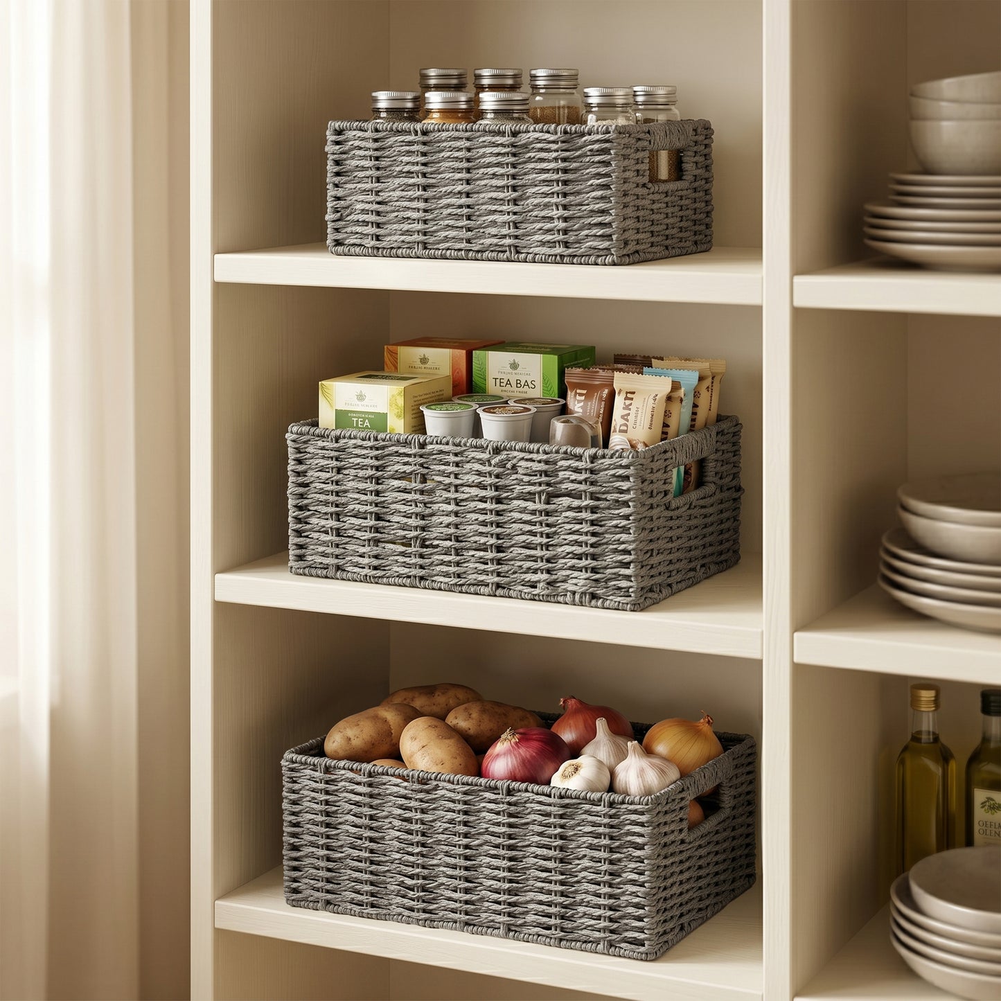 Grey Paper Rope Storage Basket with Handle- 3 Sizes