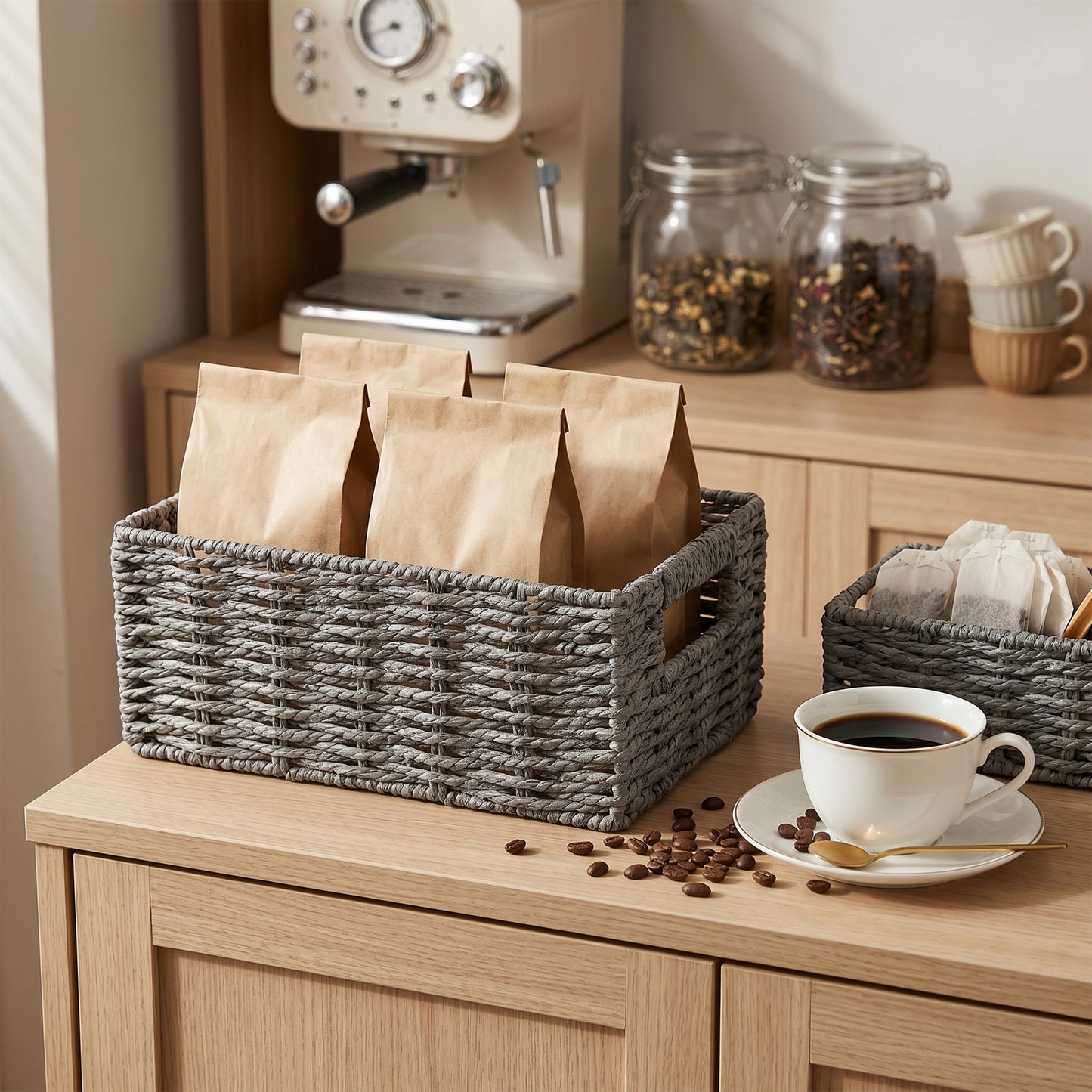 Grey Paper Rope Storage Basket with Handle- 3 Sizes