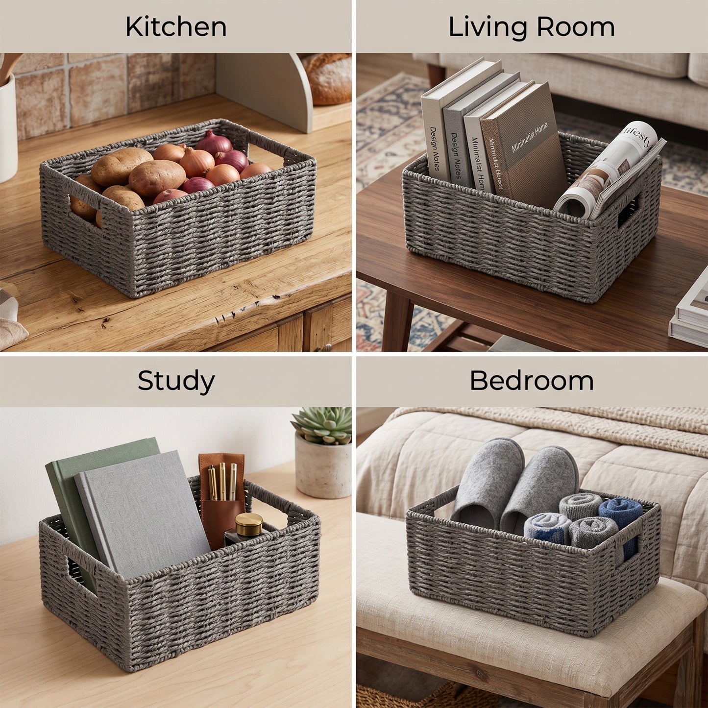 Grey Paper Rope Storage Basket with Handle- 3 Sizes